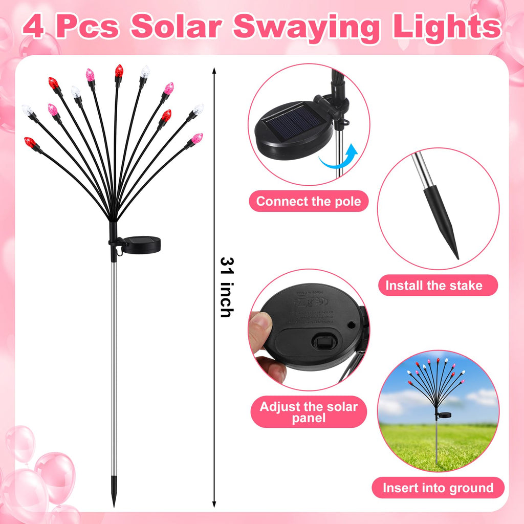 Rossesay 4 Pcs St Patricks Day Outdoor Decorations Solar Lights Waterproof Green 48 LED Swaying Pathway Firefly Stake Lights for Outside Yard Garden Lawn Decorations(Green White,Pine Cone)