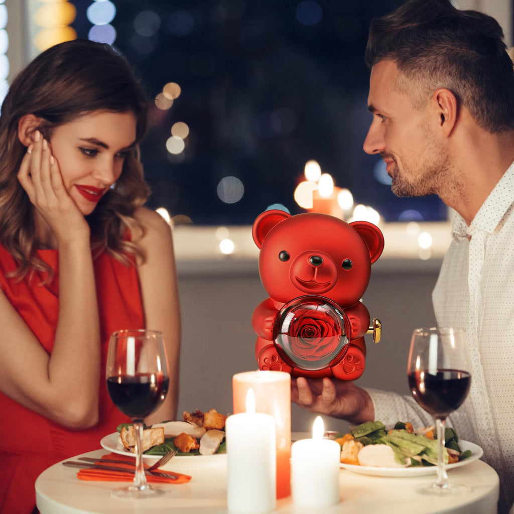 Cute Teddy Bear with Preserved Rose - A Real Rose Flower in Bear with Elegant Gift Box - Romantic Gift for Her in Mother's Day, Weddings, Anniversaries, and Bridal Showers (Red)