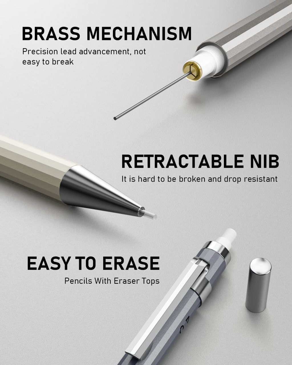 Nicpro 4 Pack Mechanical Pencil 0.7mm with Case, MB1000 Metal Mechanical Pencil Set with 6 Tube HB #2 Lead Refill 0.7 mm, 3PCS 4B Eraser, 9 Cap Eraser for Artist Drafting Writing, Sketching, Drawing