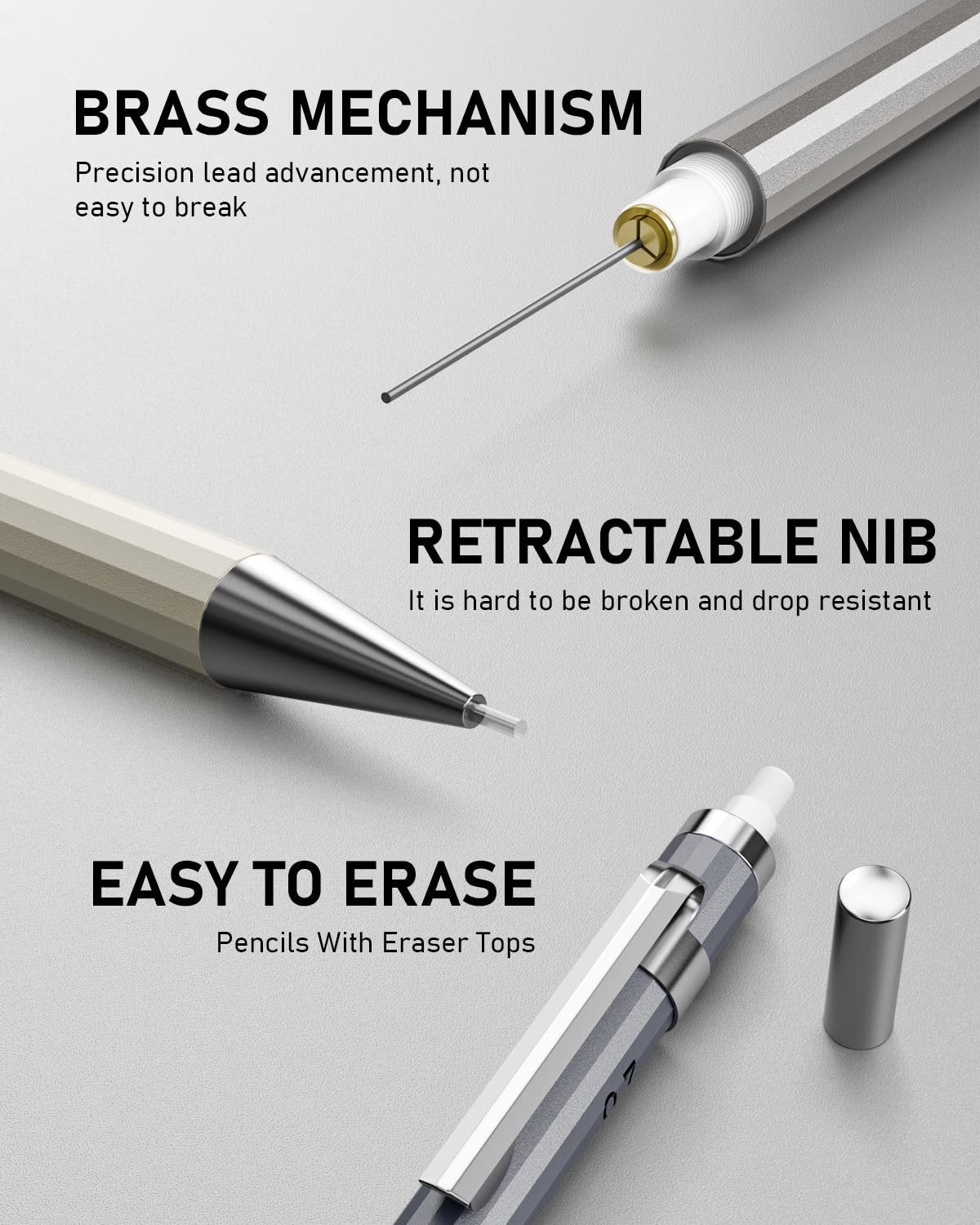 Nicpro 4 Pack Mechanical Pencil 0.7mm with Case, MB1000 Metal Mechanical Pencil Set with 6 Tube HB #2 Lead Refill 0.7 mm, 3PCS 4B Eraser, 9 Cap Eraser for Artist Drafting Writing, Sketching, Drawing