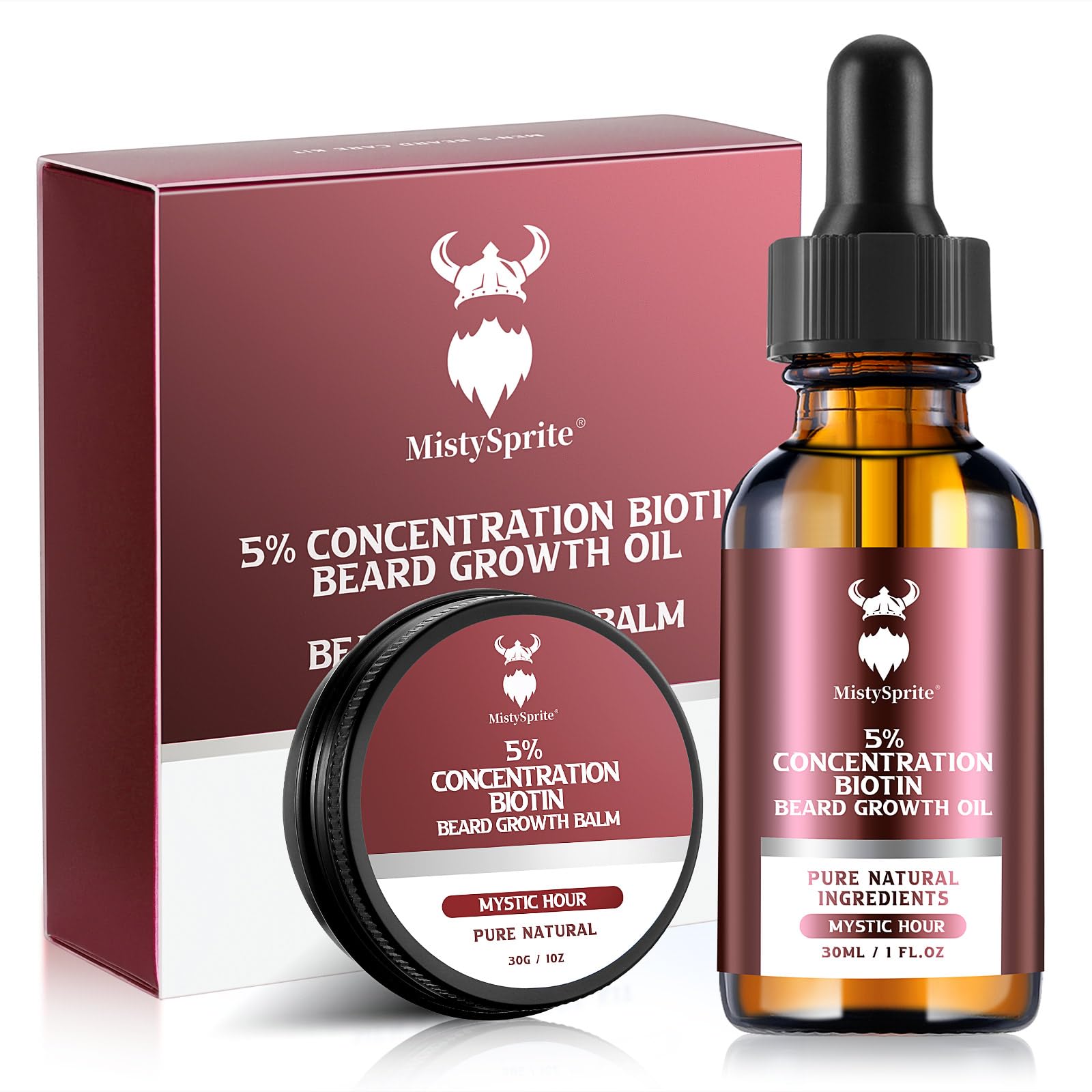 MistySprite Beard Growth Kit for Men, 2X Concentration Biotin Beard Oil & Styling Balm, Natural Facial Hair Conditioner with Argan, Jojoba & Vitamin E, Sandalwood Scent Softener