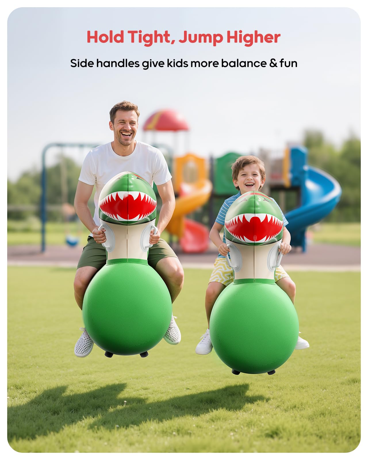 QPAU Inflatable Bouncy Dinosaur Toys 2 PCS with Hand Pump, Heavy Duty Giant Bouncy Pal, 220lbs Load Capacity, Ride On Bouncy Animal Hopper Toy, Indoor Outdoor Bouncers for Kids Girls Boys Ages 5+