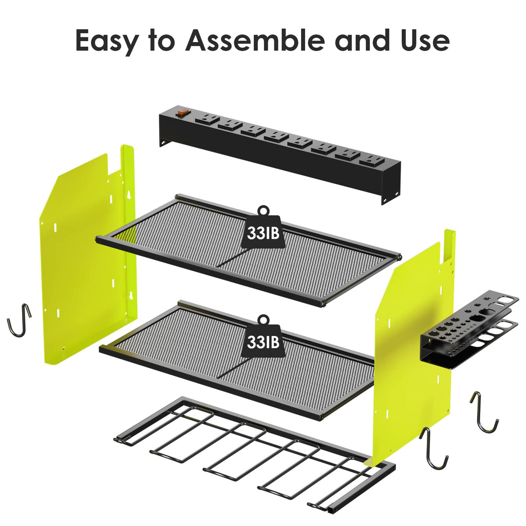 CCCEI Modular Power Tool Organizer Wall Mount with Charging Station. Garage Drill Storage Shelf with Hooks, Heavy Duty Rack, Tool Battery Holder Built in 8 Outlet. Gift for Men. Red, 1 Pack.