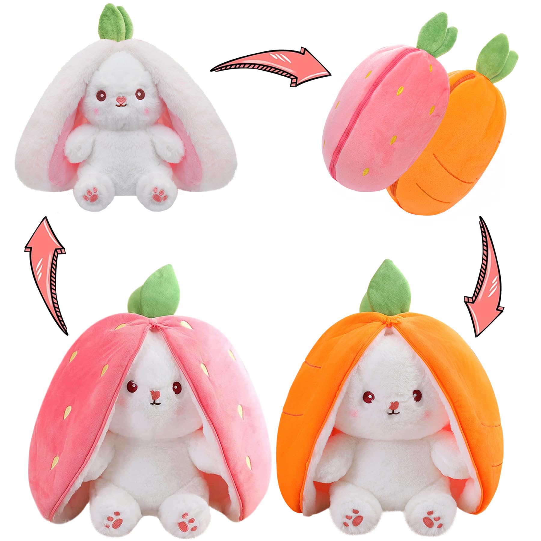 MIAODAM Bunny Stuffed Animal Reversible Cuddle Bunny Stuffed,Strawberry Bunny Transformed Rabbit Plush Zipper,Turns Into Ears Bunnies Plushies Toy Cute Stuffy Doll Easter