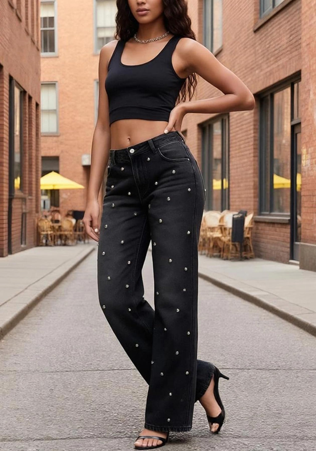 Unybwonn Women Straight Leg Jeans Rhinestone High Waisted Wide Leg Pearl Denim Pants Bling Glitter Studded Y2k Trousers