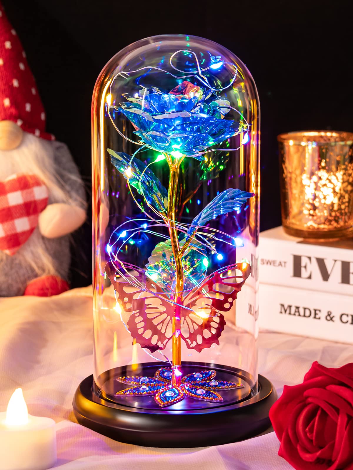 Pusuny Mothers Day Flowers Gifts for Mom Women Birthday Gift Galaxy Glass Rose Forever Eternal Crystal Flowers Rose in Glass Dome with Butterfly Mother's Day Roses Gifts for Mom Daughter Wife Purple