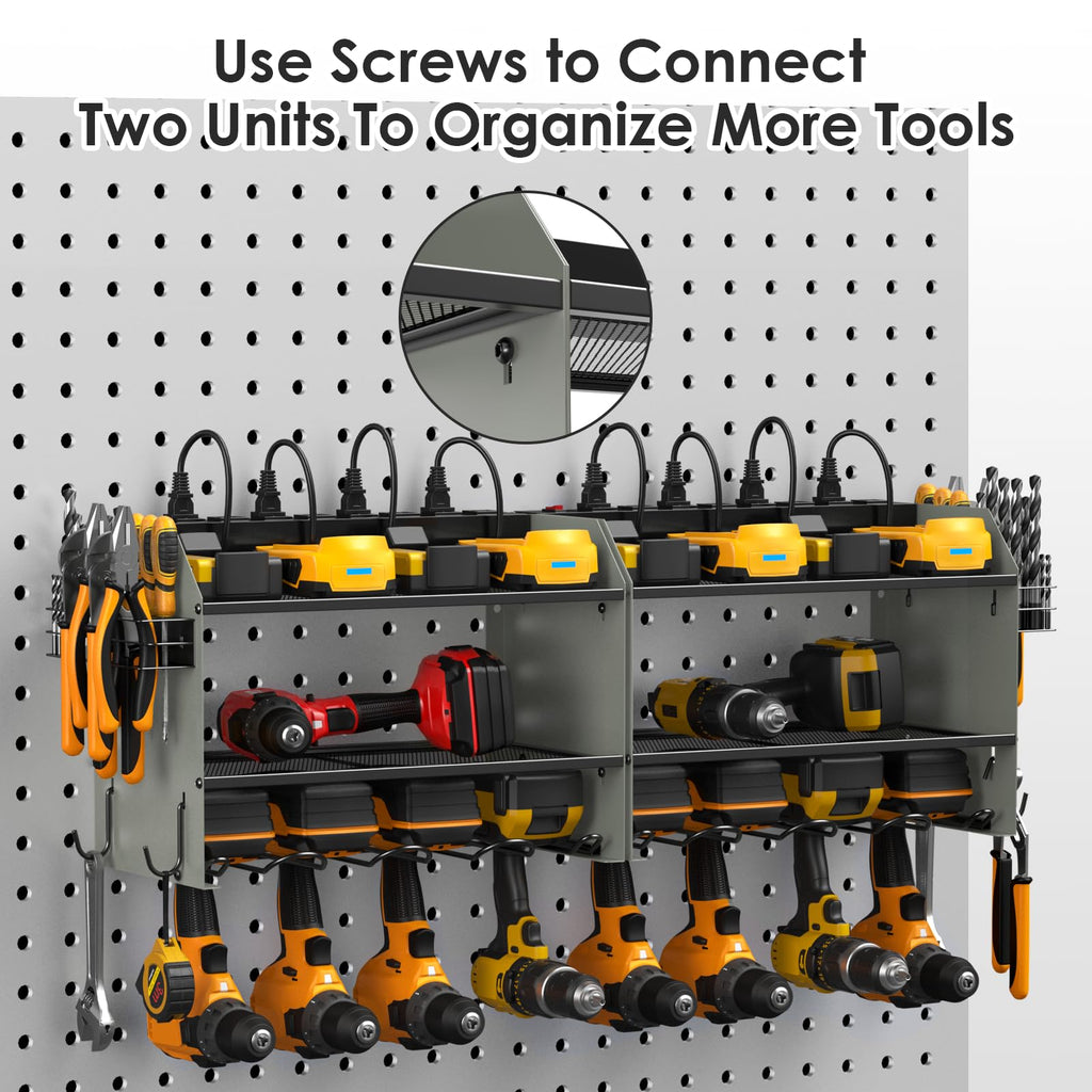 CCCEI Modular Power Tool Organizer Wall Mount with Charging Station. Garage Drill Storage Shelf with Hooks, Heavy Duty Rack, Tool Battery Holder Built in 8 Outlet. Gift for Men. Red, 1 Pack.