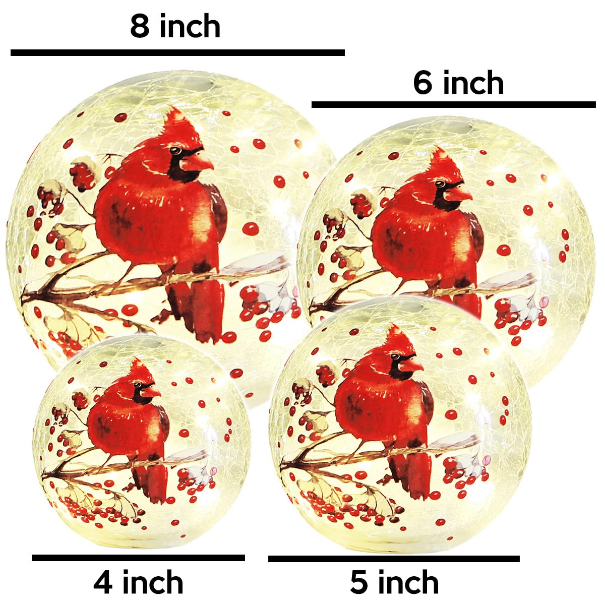 Crackle Glass Ball Cardinal Lamp with Timer, Battery Operated Red Bird Stained Christmas Decor Accent Sphere Lamp, Light Up Globe Glass Table Lamp, Mother's Day Gifts, Led Orb Cardinal Night Light