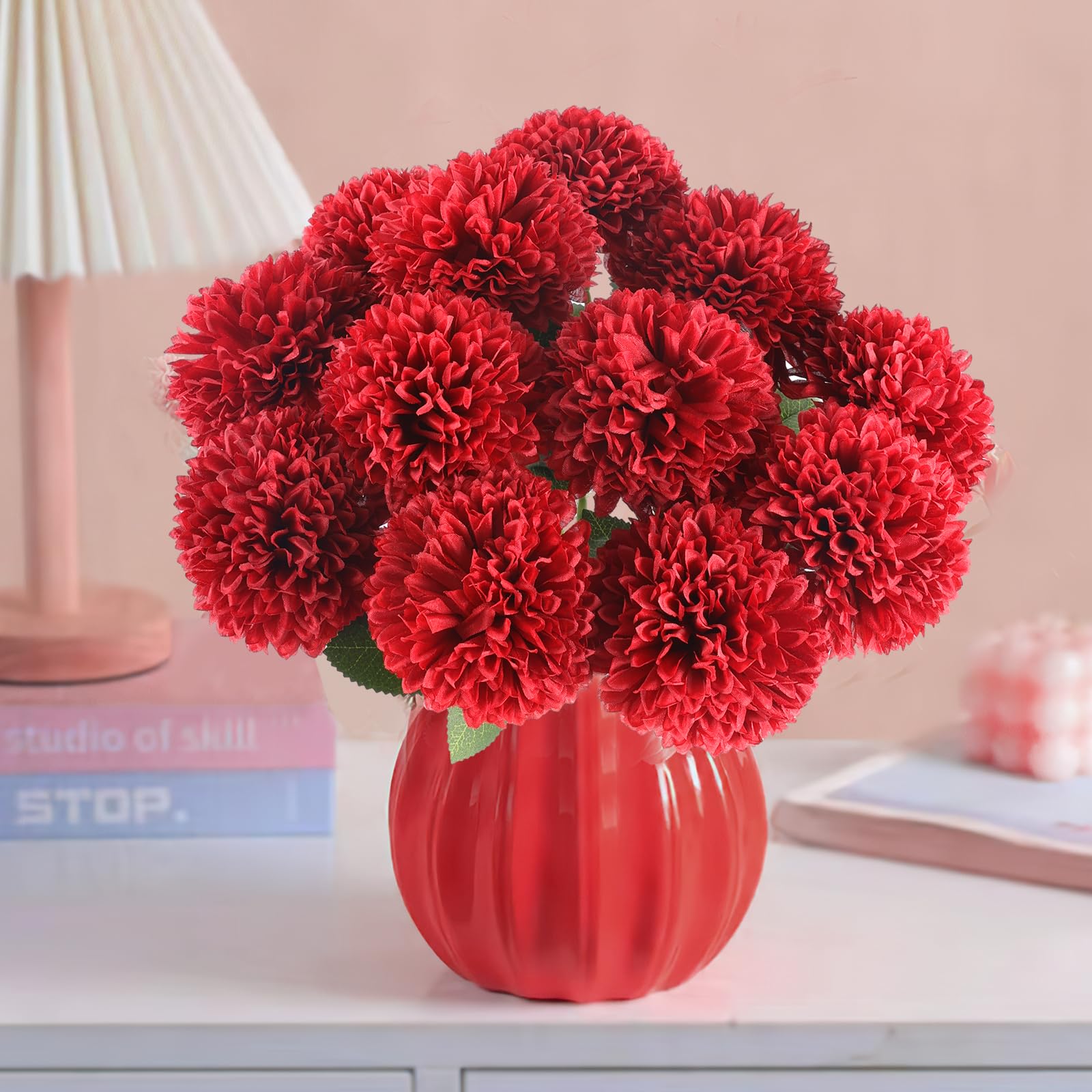 Hananona 12 Pcs Artificial Chrysanthemums Flowers Patriotic Flower, 4th of July Fake Mums Flowers Silk for Home Decor Indoor Memorial Day Table Centerpiece Vase not Included (12, Red, White, Blue)