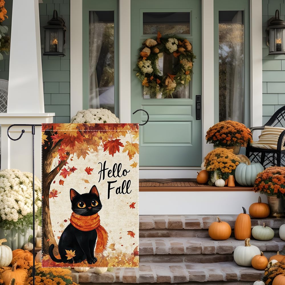 Hello Fall Garden Flag Cat Garden Flags 12x18 Inch Double Sided Vertical Autumn Farmhouse Home Decor Yard Lawn Outdoor Decorations