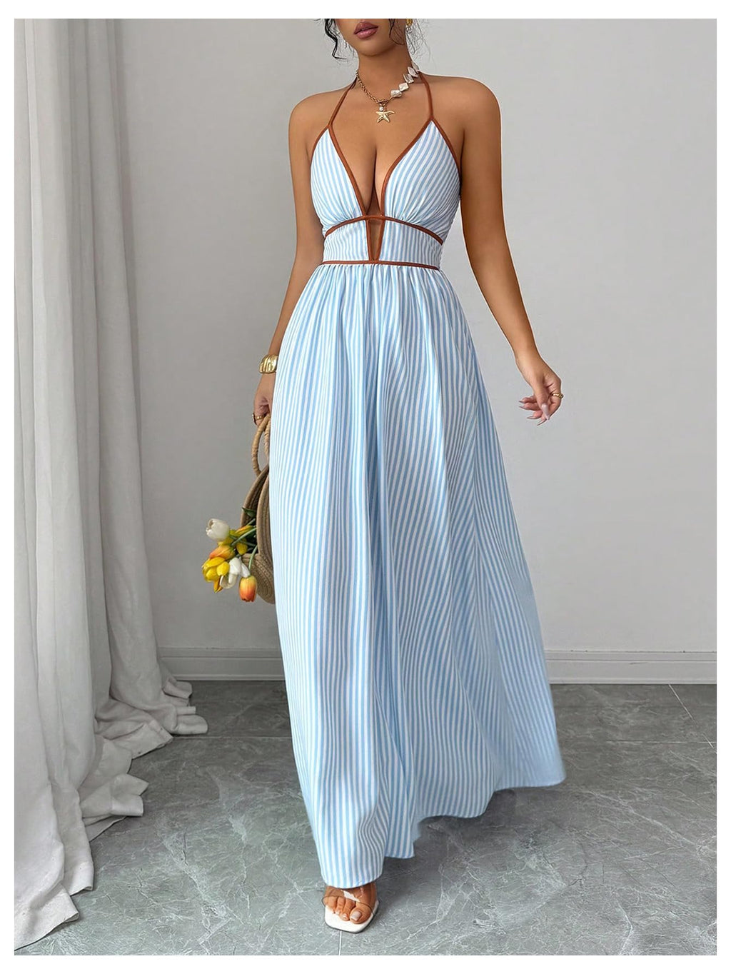 Floerns Women's Striped Halter Maxi Dress Backless Smocked Beach Vacation Boho Dress