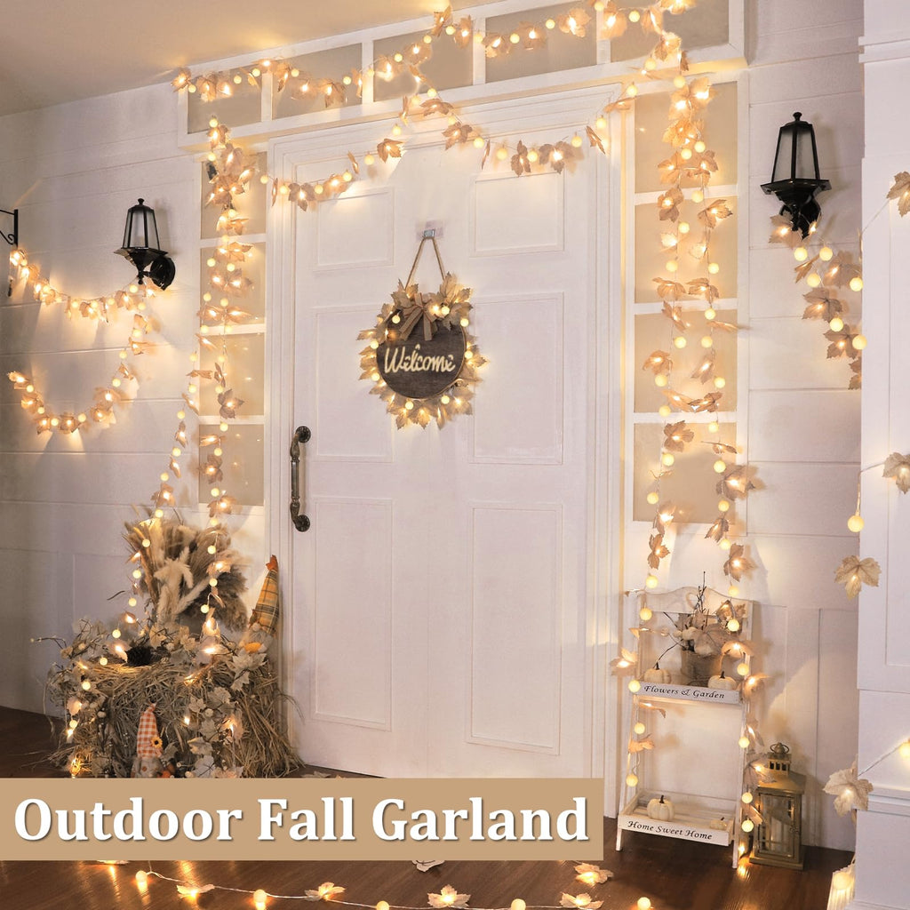 3 Pack Fall Decor Fall Garland with Pumpkin Lights&Enlarged Maple Fall String Lights Pumpkin Decor, 30Ft 60LED Waterproof Battery Operated Christmas Halloween Thanksgiving Fall Decorations for Home