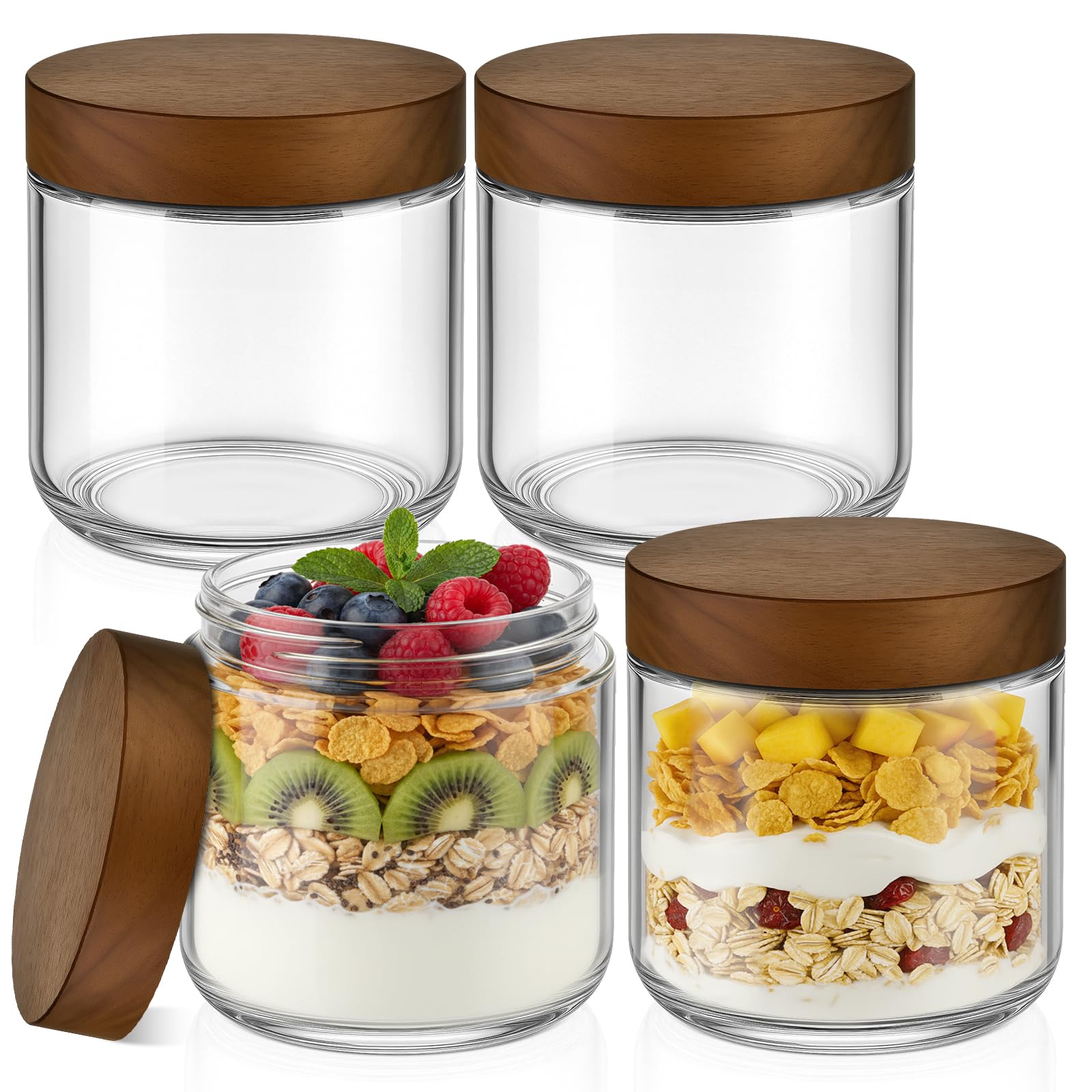 Bumobum 10 oz Small Glass Jars with Lids, Glass Container with Acacia Wood Airtight Lid, Wide Mouth Canisters for Chia Pudding Loose Tea Coffee Meal Prep Parfait Salad Snacks Yogurt Spice, 4-Pack