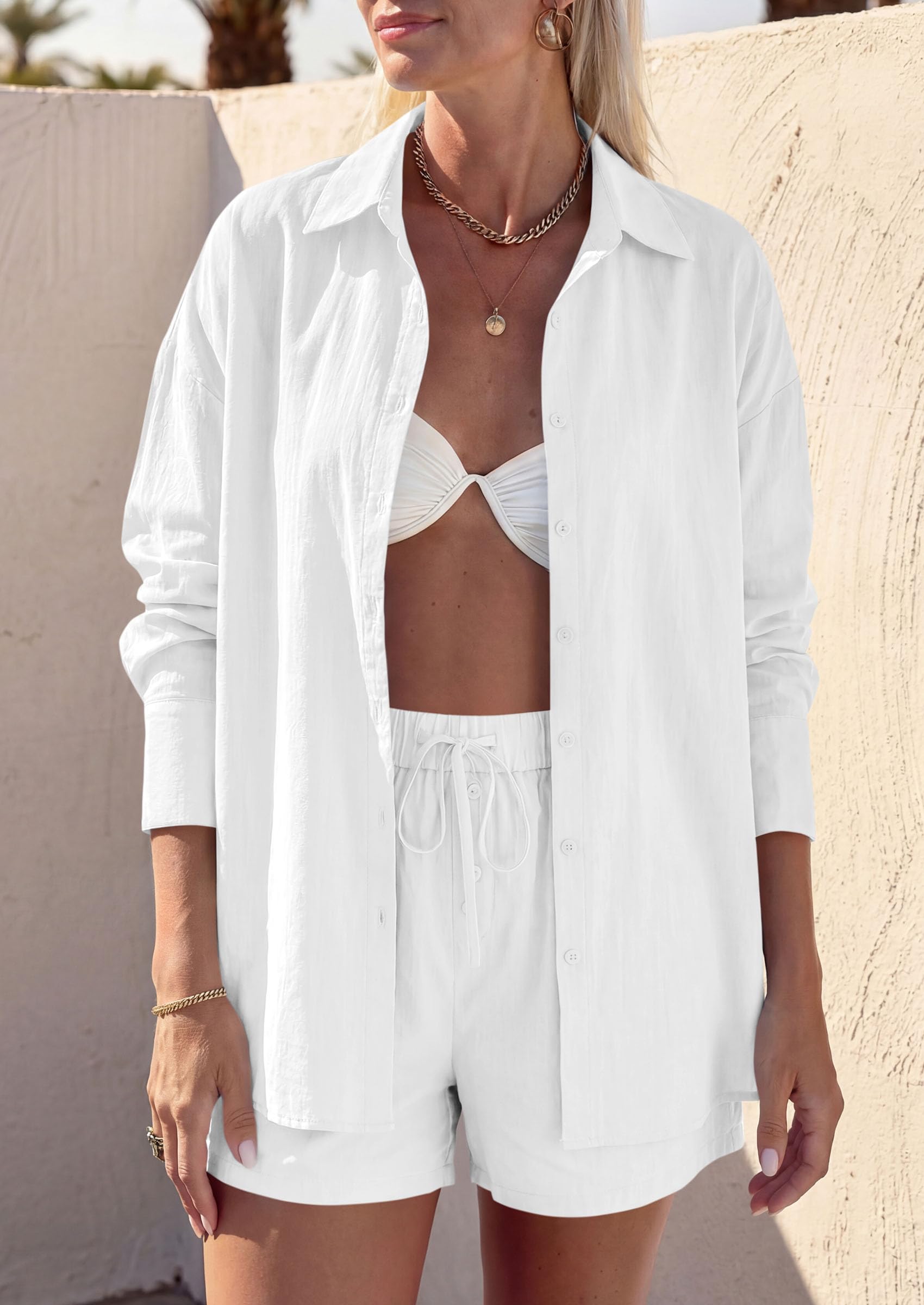 PRETTYGARDEN Women's Summer 2 Piece Matching Lounge Sets Pajamas Long Sleeve Shirts Blouse Pockets Shorts 2026 Spring Outfits