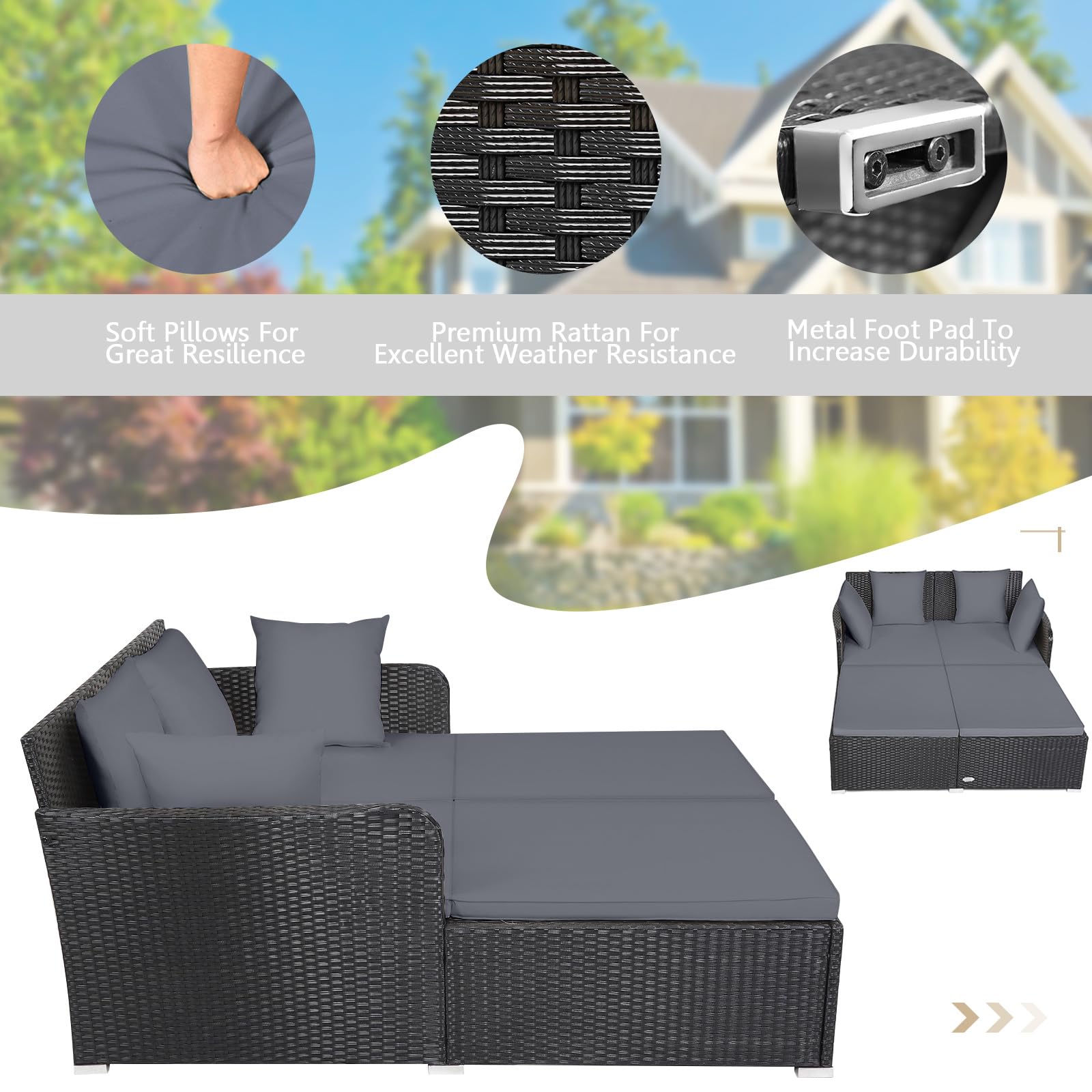 Tangkula Patio Rattan Daybed with Retractable Canopy, Outdoor Wicker Sunbed Lounger with 2 Foldable Side Tables, Thick Seat & Back Cushions, Outside Double Daybed for Garden, Backyard, Porch