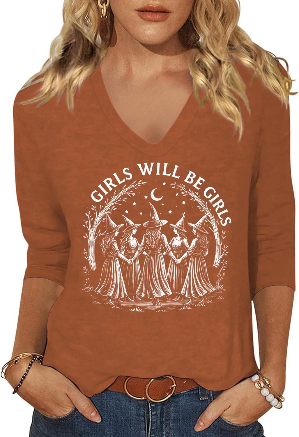 Women's Fall Halloween V Neck Shirt, Hocus Focus Graphic Tee | 3/4 Sleeve, Vintage, Funny Family Party Matching,Casual Holiday Tops,Spooky Season Tee