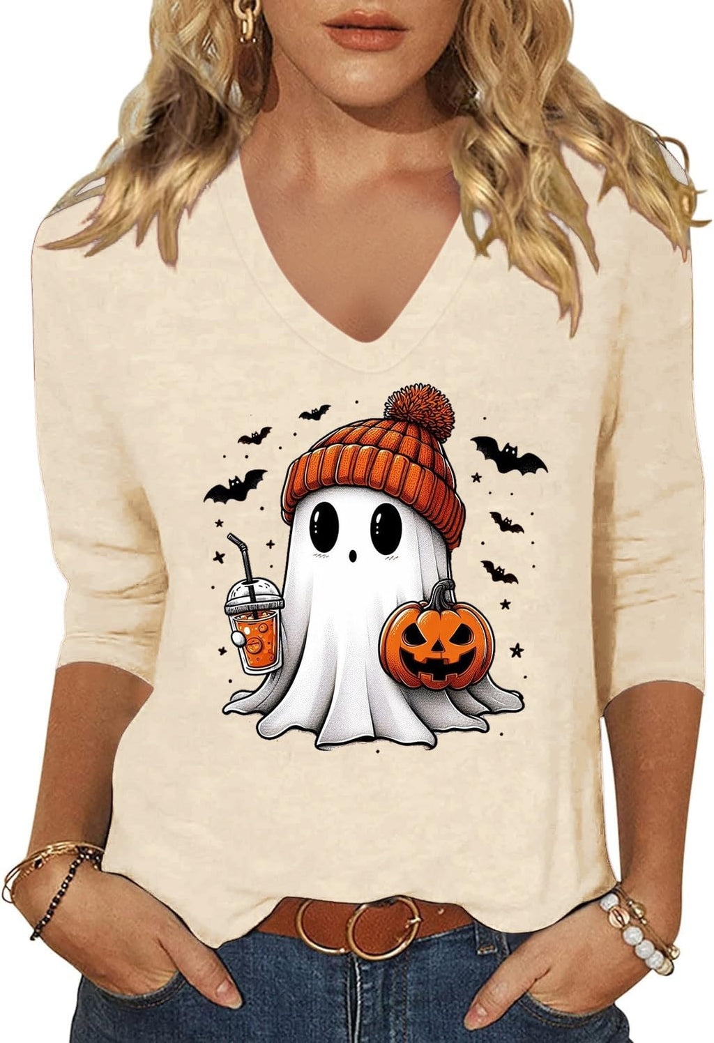 Women's Fall Halloween V Neck Shirt, Hocus Focus Graphic Tee | 3/4 Sleeve, Vintage, Funny Family Party Matching,Casual Holiday Tops,Spooky Season Tee