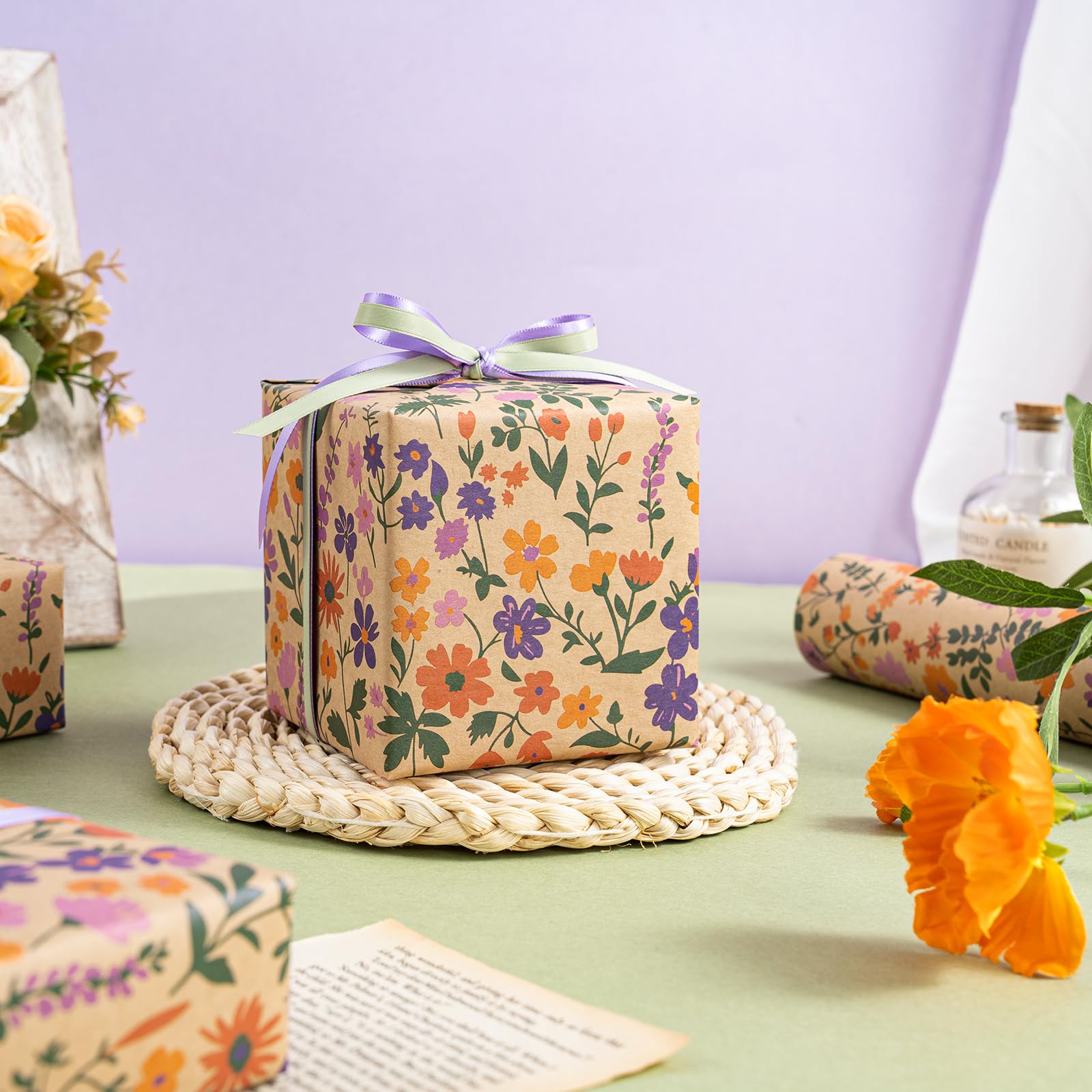 WRAPAHOLIC Kraft Floral Wrapping Paper Roll - Mini Roll - 17 Inch x 9.8 Feet - Spring Summer Garden Flower Design Perfect for Wedding, Bridal Shower, Birthday