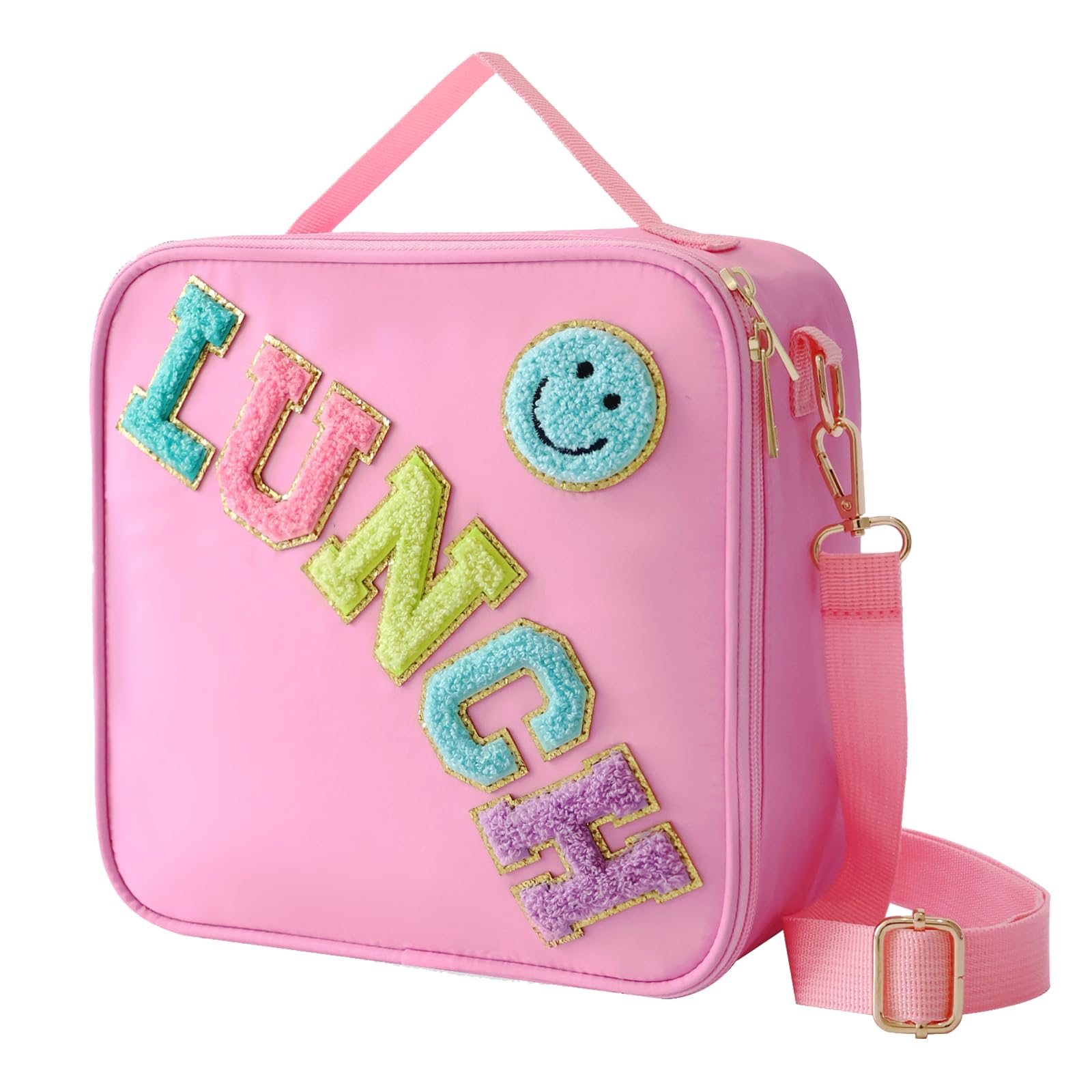 Insulated Lunch Bag With Adjustable Shoulder Strap, Nylon Preppy Lunch Box Large Insulated Lunch Bag Reusable Lunch Tote Bag with Smiley Preppy LunchBag for Girls School Travel Picnic (Purple)