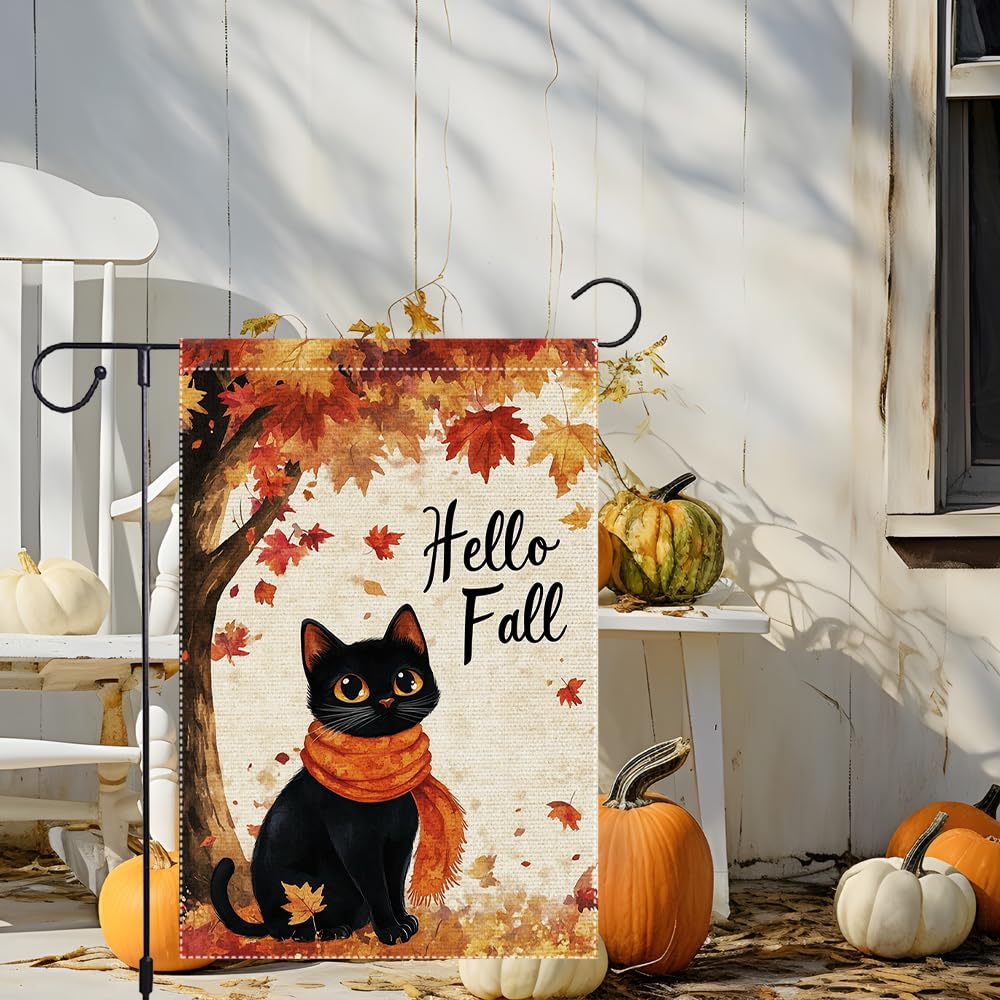 Hello Fall Garden Flag Cat Garden Flags 12x18 Inch Double Sided Vertical Autumn Farmhouse Home Decor Yard Lawn Outdoor Decorations