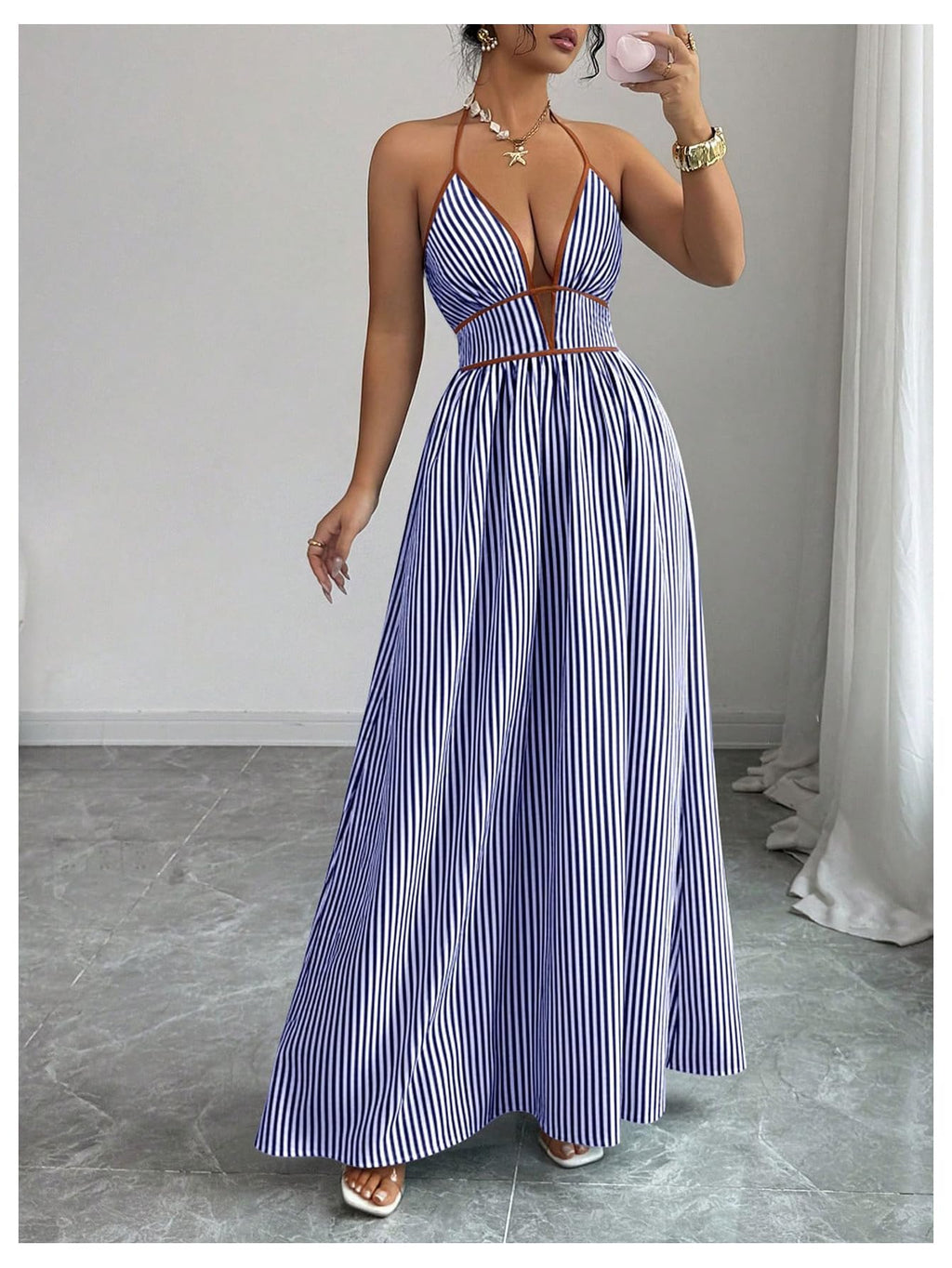 Floerns Women's Striped Halter Maxi Dress Backless Smocked Beach Vacation Boho Dress