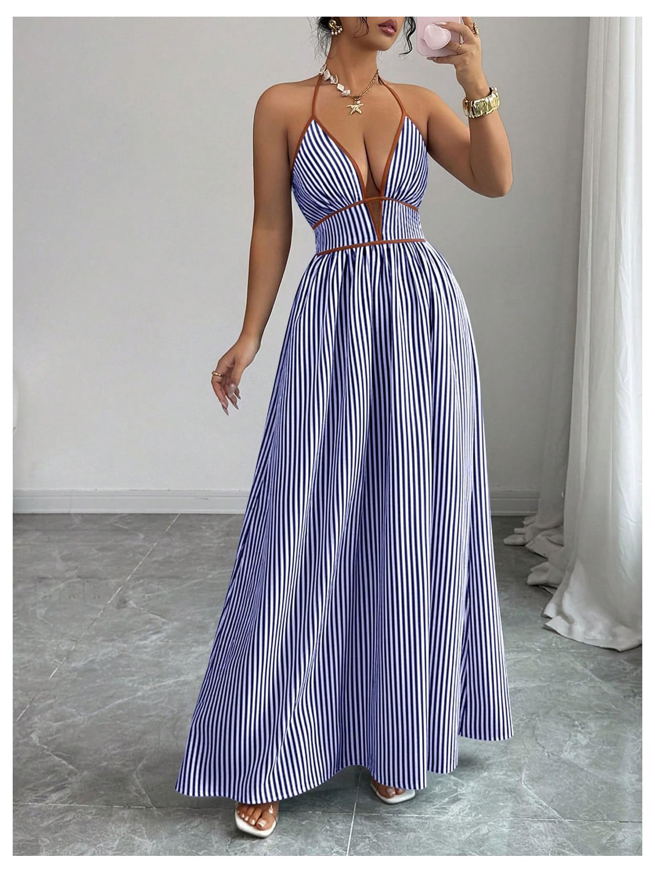 Floerns Women's Striped Halter Maxi Dress Backless Smocked Beach Vacation Boho Dress