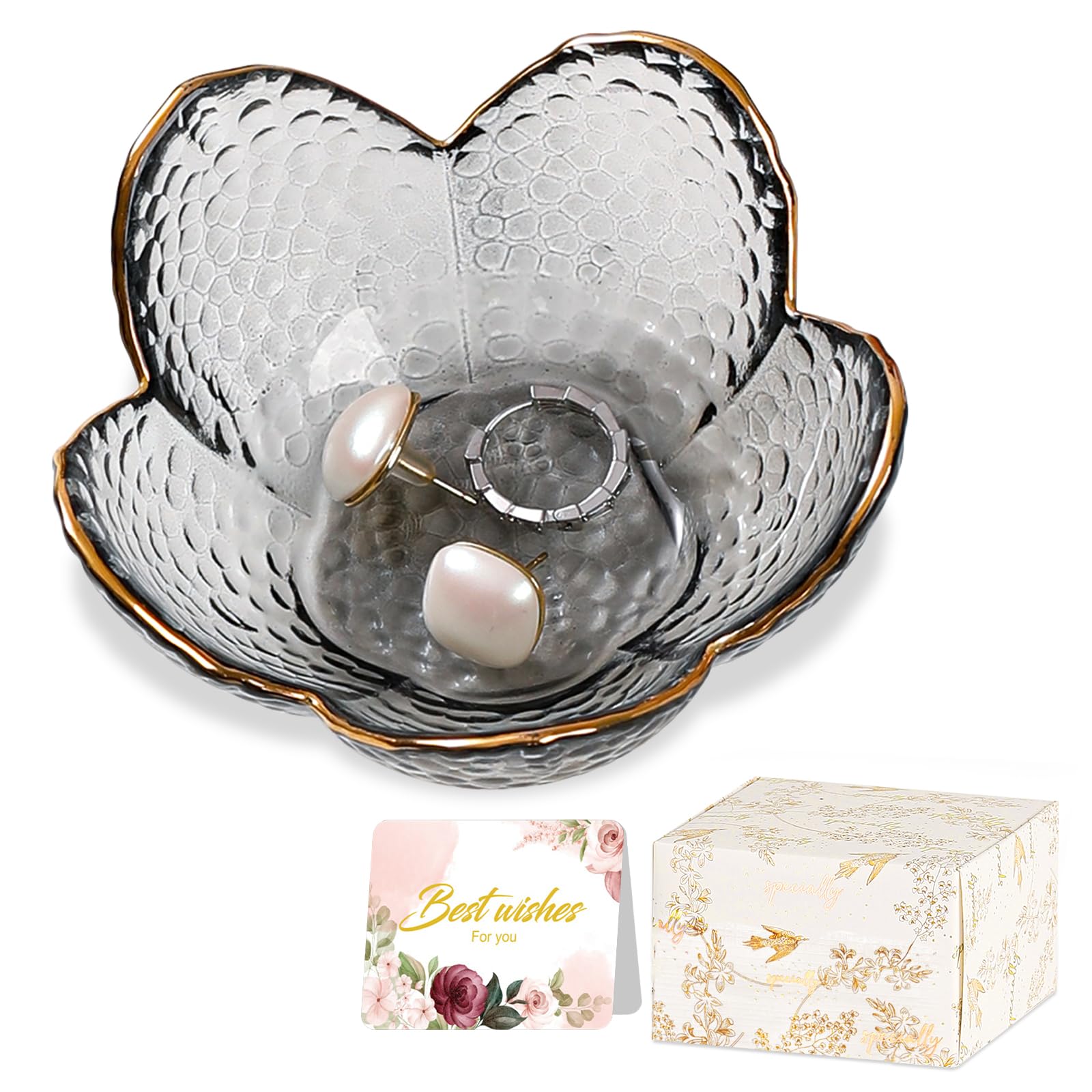 Purple Flower Jewelry Dish Glass Ring Holder Dish Jewelry Tray Cute Vanity Organizer Aesthetic Nightstand Bathroom Room Decor Trinket Dish Mothers Day Friendship Christmas Birthday Gifts for Women