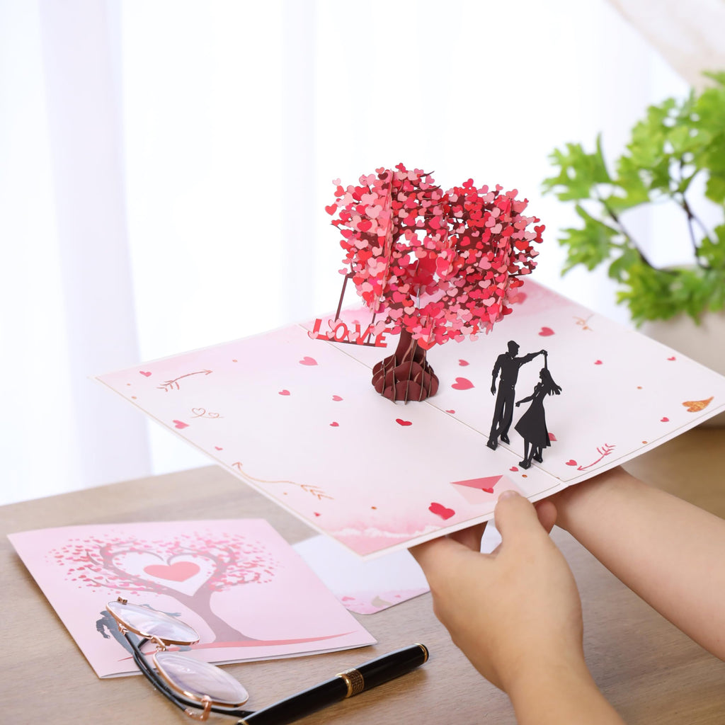 Pop Up Anniversary Card, 3D Love Tree Hearts Couple Wedding Card for Her, Wife, Husband, Him, Couple; Ideal Gift for Wedding, Romantic Birthday, Anniversary, Valentines, Mothers Day, 6x8 inch