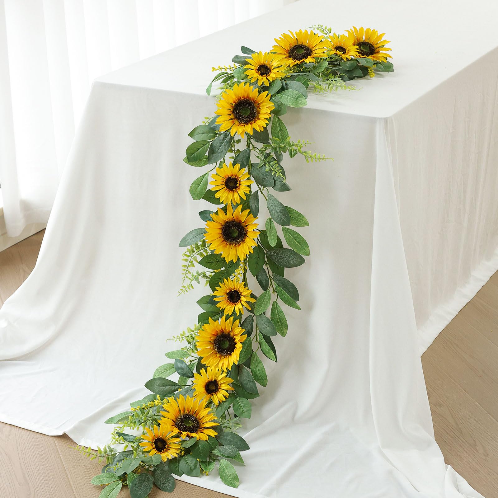 Mizii Artificial Sunflower Garland 6FT Fake Silk Sunflowers Flower Garland Autumn Hanging Vines Decorations for Kitchen Table Centerpieces Room Wall Party Wedding Birthday Fall Decor (Orange)