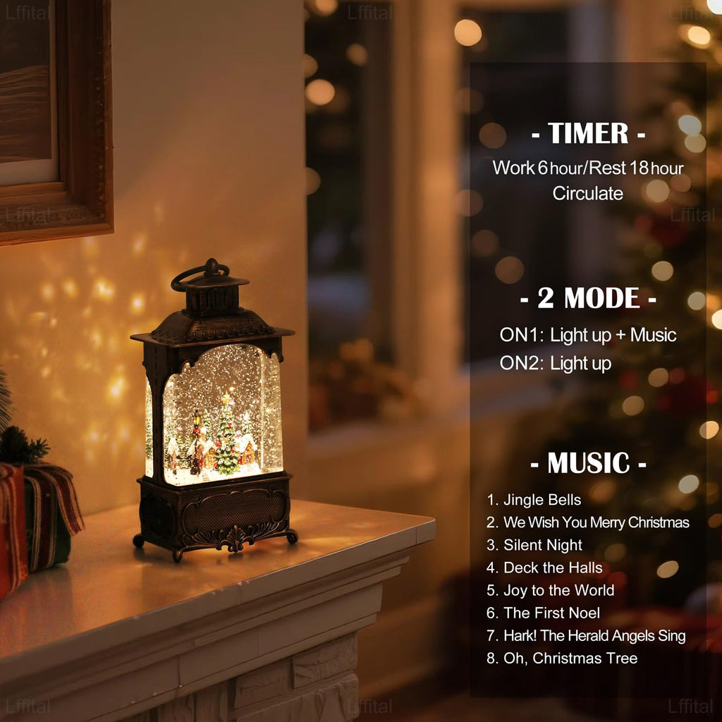 Snowman Christmas Snow Globe Lantern, Lighted Christmas Decorations for Home Candle Shaped Snow Lantern with Music Timer Glittering, Home Decor Festival Gife, USB & Battery Operated