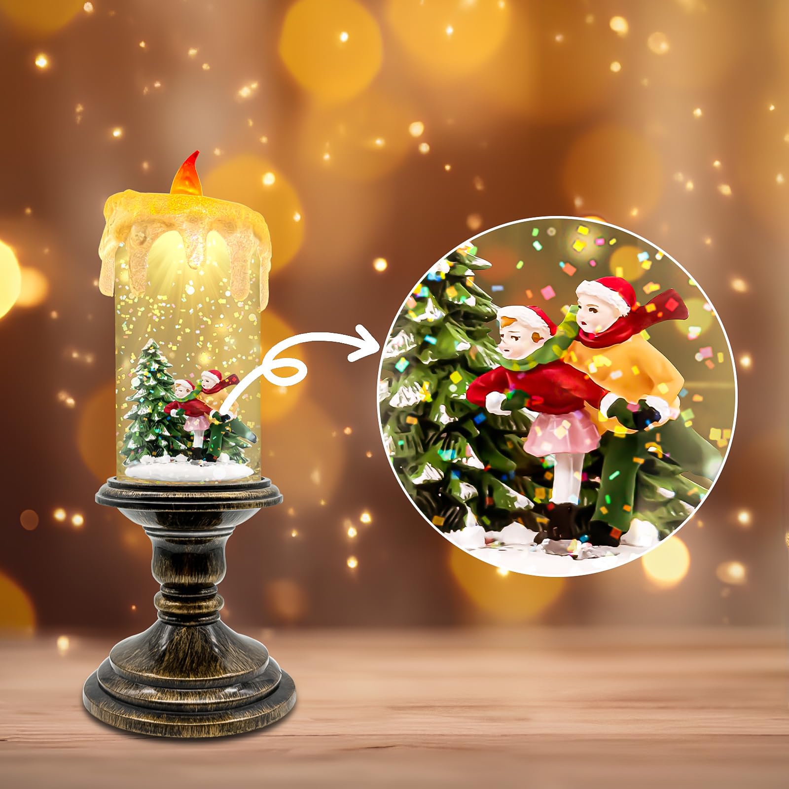 Christmas Snow Globe Candle Lantern with Snowman & Reindeer, Vintage-Style LED with Glitter Swirl & 6H Timer, Battery Operated (3×AA) Holiday Decoration for Tabletop & Mantel