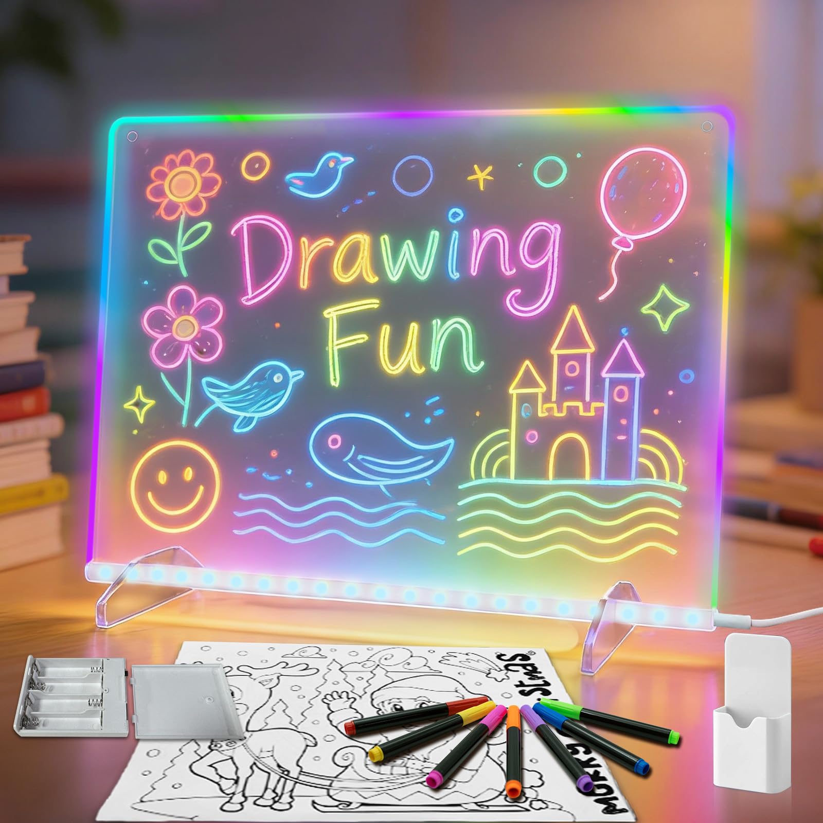 Led Note Board with Colors,16''Drawing Tablet,6 Modes & 8 Colors Light Up Drawing Board,Kids Toy with 13 Light Effects,Birthday Holiday Day Gifts for Girls & Boys Age 3+,Tracing Book（White）