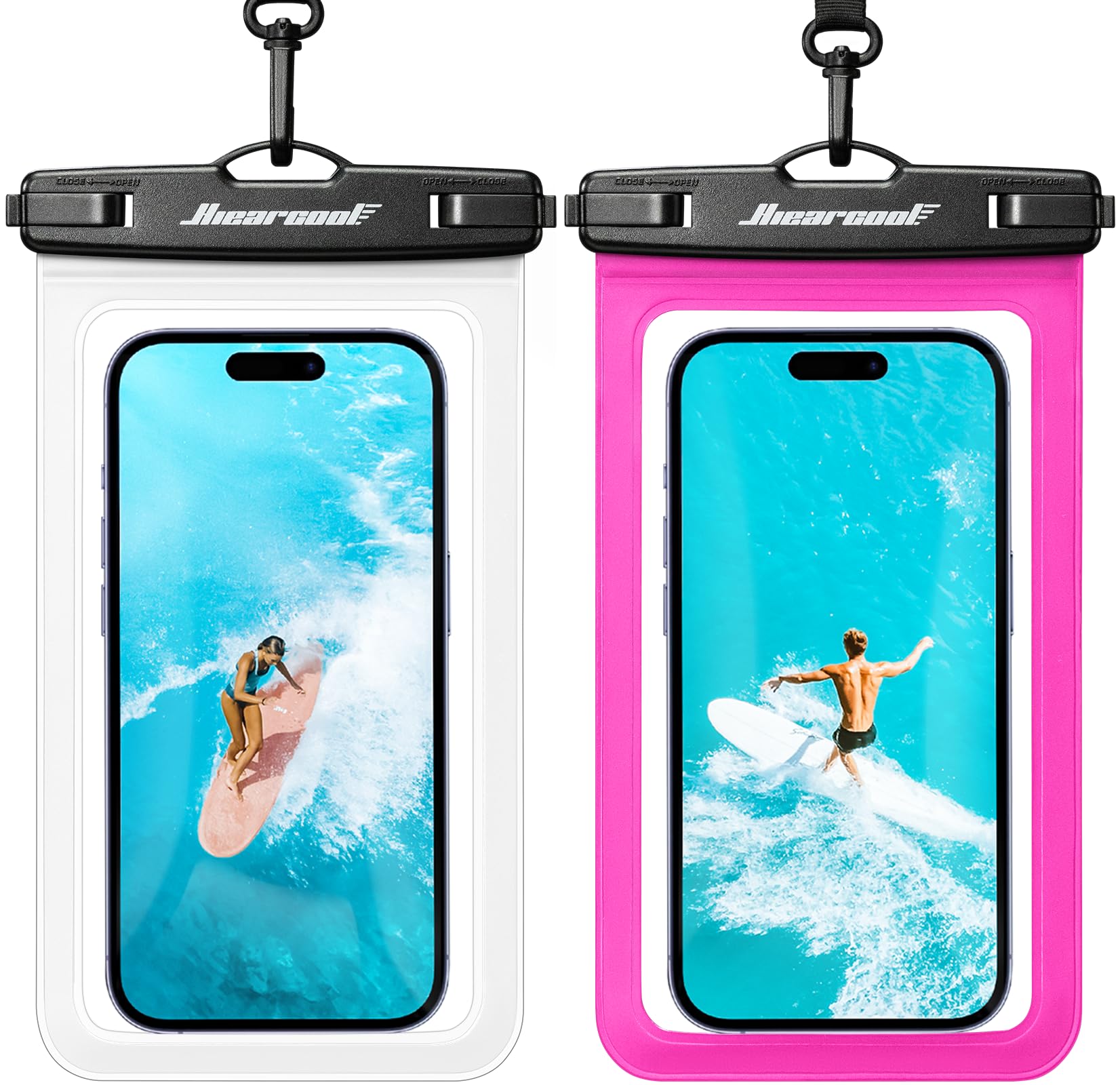 Hiearcool Waterproof Phone Pouch, IPX8 Waterproof Phone Case for iPhone 17/16/15/14 Pro Max, Cell Phone Dry Bag for Beach & Cruise Essentials, Touch Screen, Lanyard Included, 2 Pack (Fits Up to 8.9”)