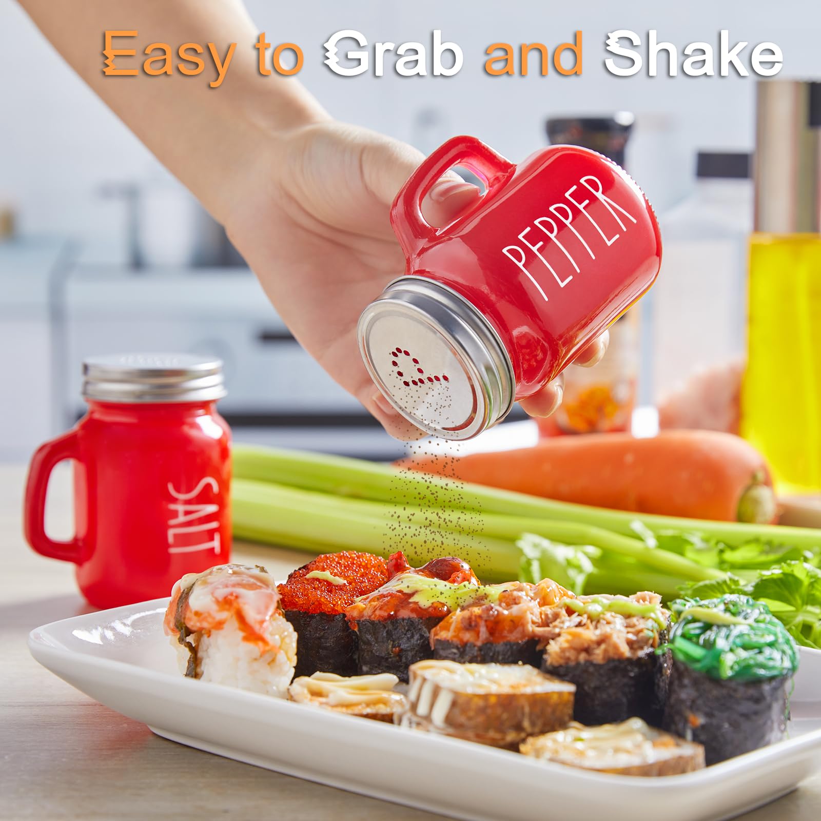 Red Salt and Pepper Shakers Set, ZOSUJO 4 oz Cute Modern Glass Christmas Red Shaker Sets with Stainless Steel Lids, Red Kitchen Decor and Accessories for Home Restaurants Weddings