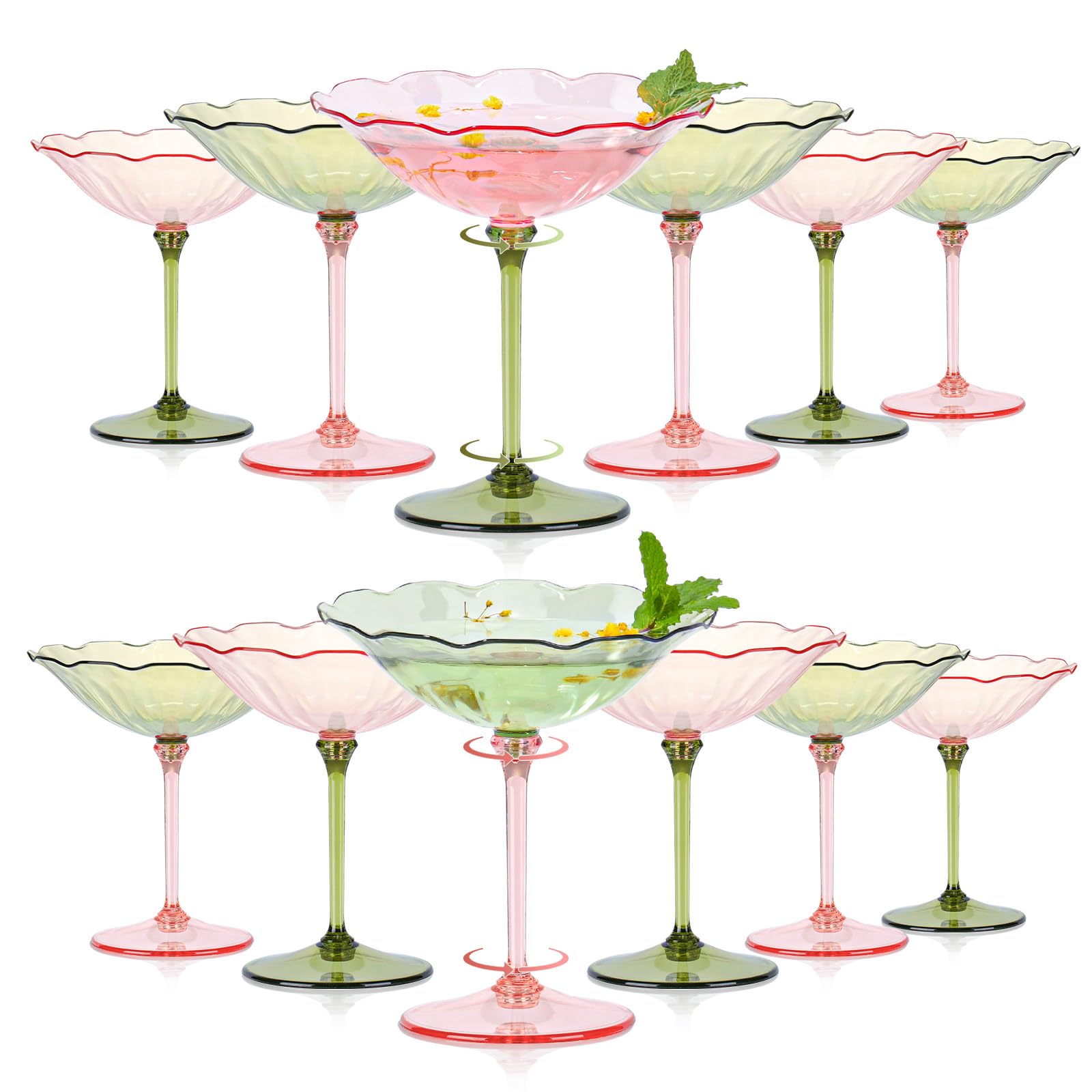 12 Pcs Colorful Plastic Martini Glasses 7oz Flower Cocktail Coupe Glasses 6 Color Disposable Martini Cup Vintage Detachable Dessert Parfait Glassware for Wedding Birthday Bachelorette Party