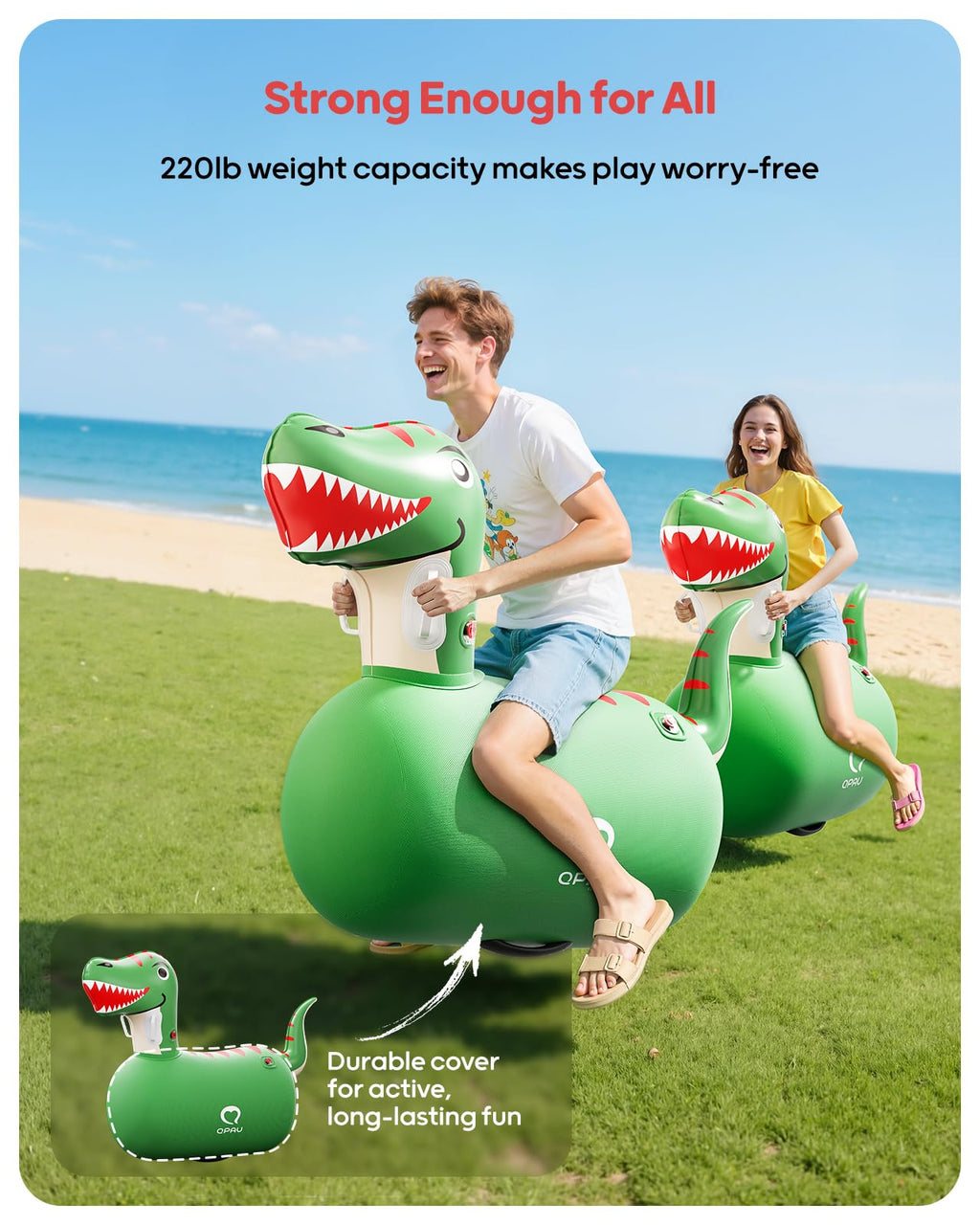 QPAU Inflatable Bouncy Dinosaur Toys 2 PCS with Hand Pump, Heavy Duty Giant Bouncy Pal, 220lbs Load Capacity, Ride On Bouncy Animal Hopper Toy, Indoor Outdoor Bouncers for Kids Girls Boys Ages 5+