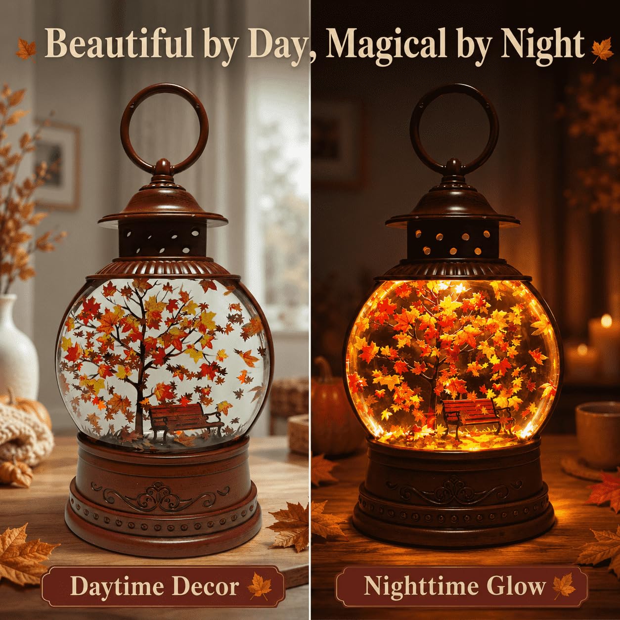 Fall Snow Globe Lantern with Swirling Maple Leaves, 9.45 Inch Autumn Water Lantern with 6 Hours Timer, USB & Battery Powered Thanksgiving Tabletop Home Decor