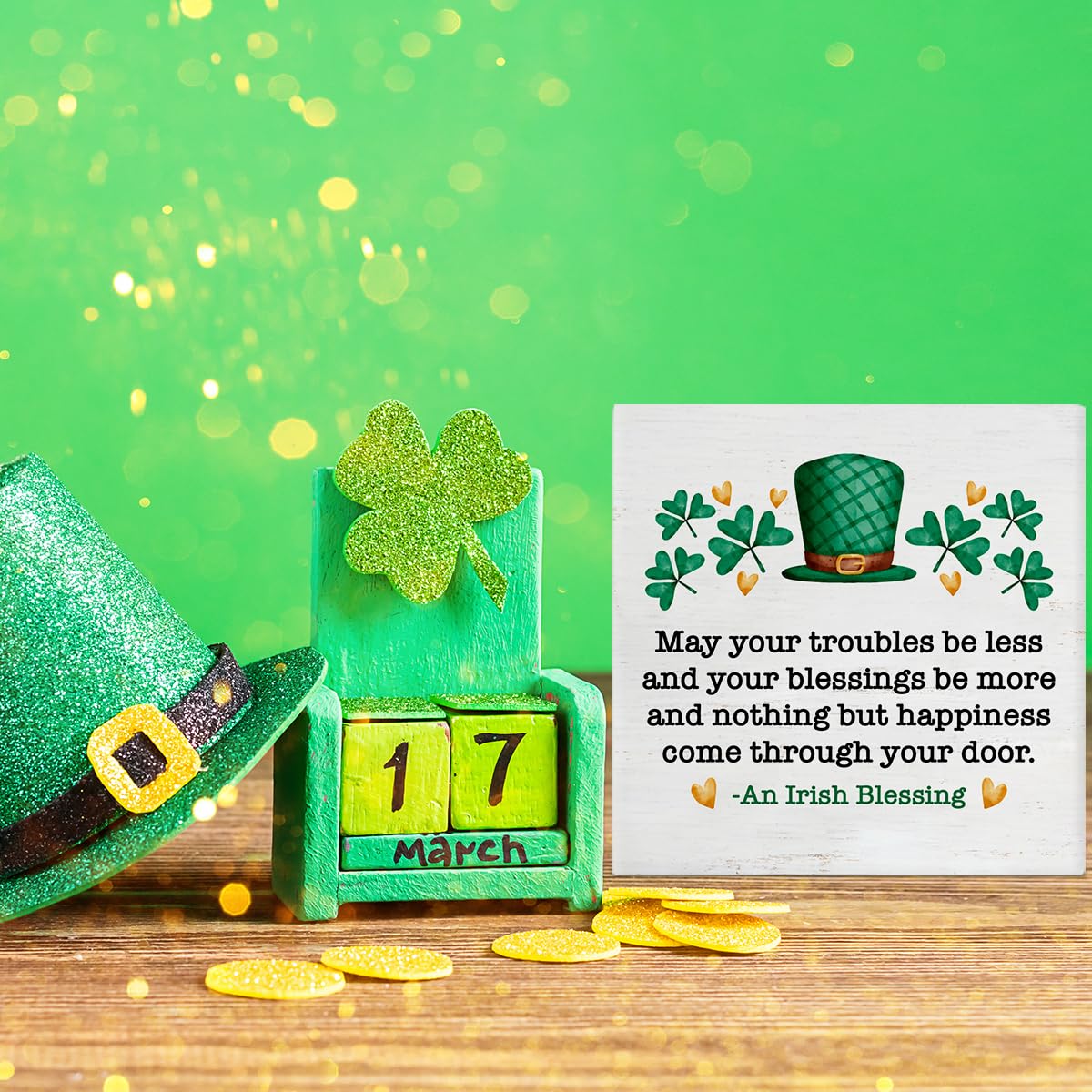 Dumyum St. Patrick's Day Decorative Sign, Wooden, 5 Inches x 5 Inches, Green, Rustic, Tabletop or Wall Mount
