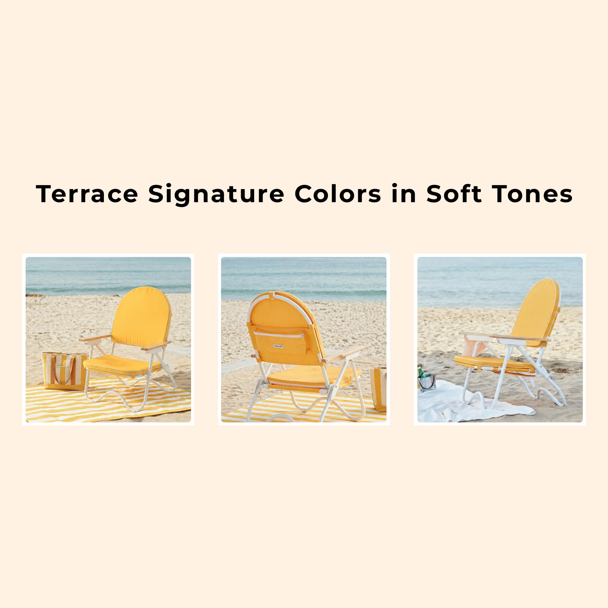 Padded Low Beach Chair, 4-Position Folding Outdoor Chair with Wooden Armrests, Cushioned Seat, Storage Pouch & Carry Strap for Beach, Patio and Lawn, Cala Serena Ochre Stripe