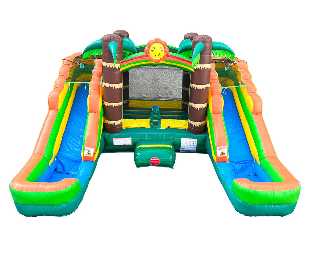 Crossover Tropical Double Water Slide Bounce House Combo, 16.5 x 15 x 11 Foot, PVC Vinyl Inflatable Bouncy House for Kids, Wet or Dry Slides, with Stakes, Storage Bag and 1 HP Blower