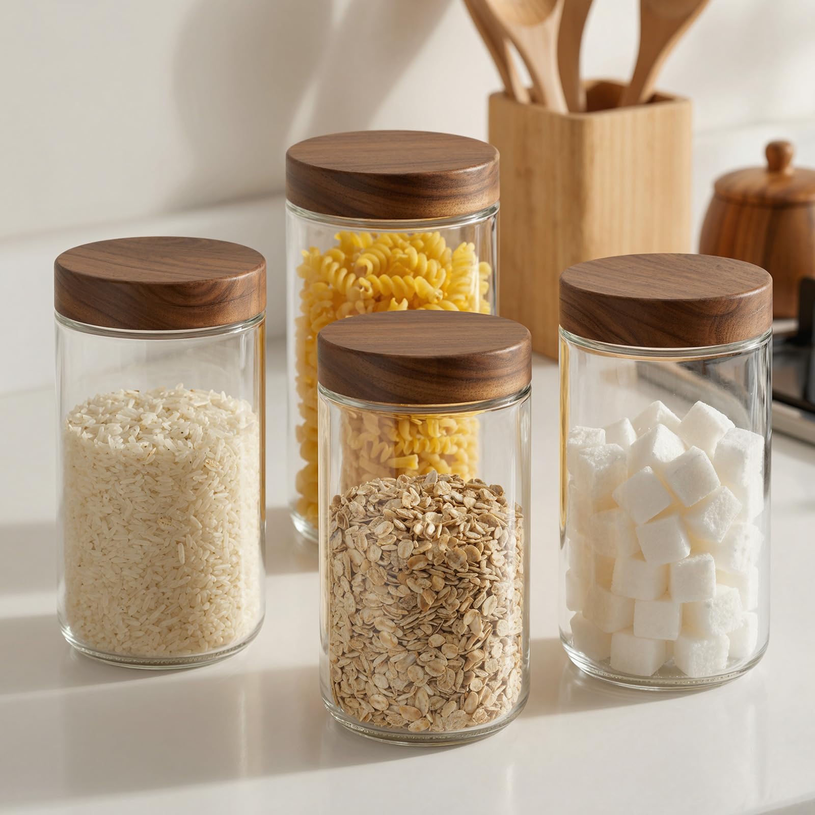 Bumobum 10 oz Small Glass Jars with Lids, Glass Container with Acacia Wood Airtight Lid, Wide Mouth Canisters for Chia Pudding Loose Tea Coffee Meal Prep Parfait Salad Snacks Yogurt Spice, 4-Pack