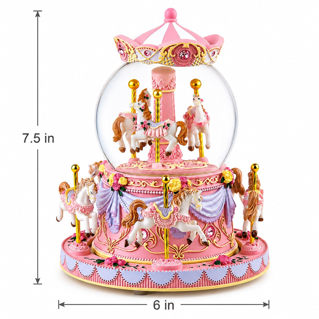 Blue Carousel Snow Globe Music Box with LED Lights, Rotating Horse Merry Go Round, Wind Up Musical Snow Globe Plays You are My Sunshine, Gift for Daughter Granddaughter Mom Women