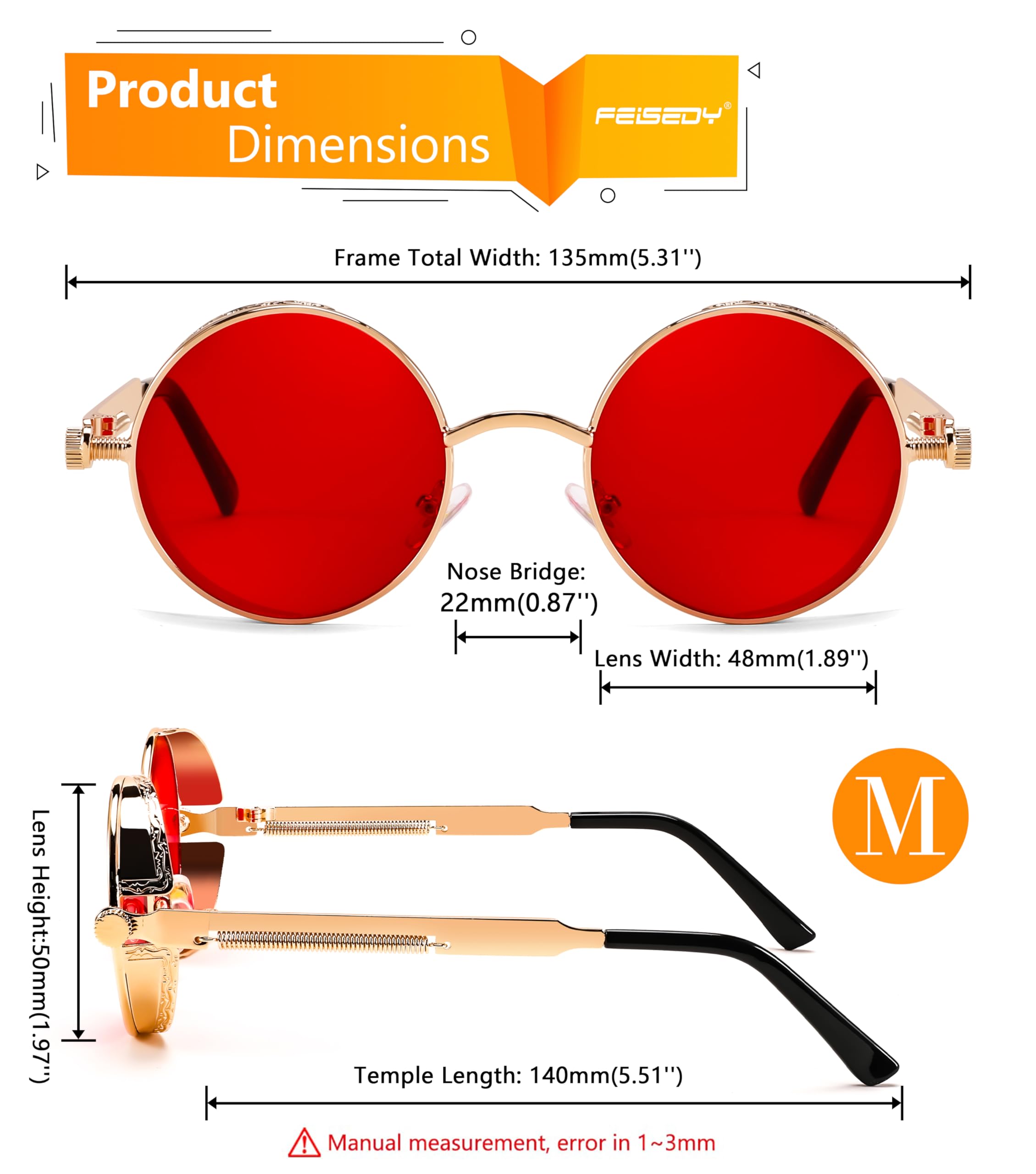 FEISEDY Retro Gothic Steampunk Sunglasses Round Metal Frame Punk Circle Inspired Shade Men B1857