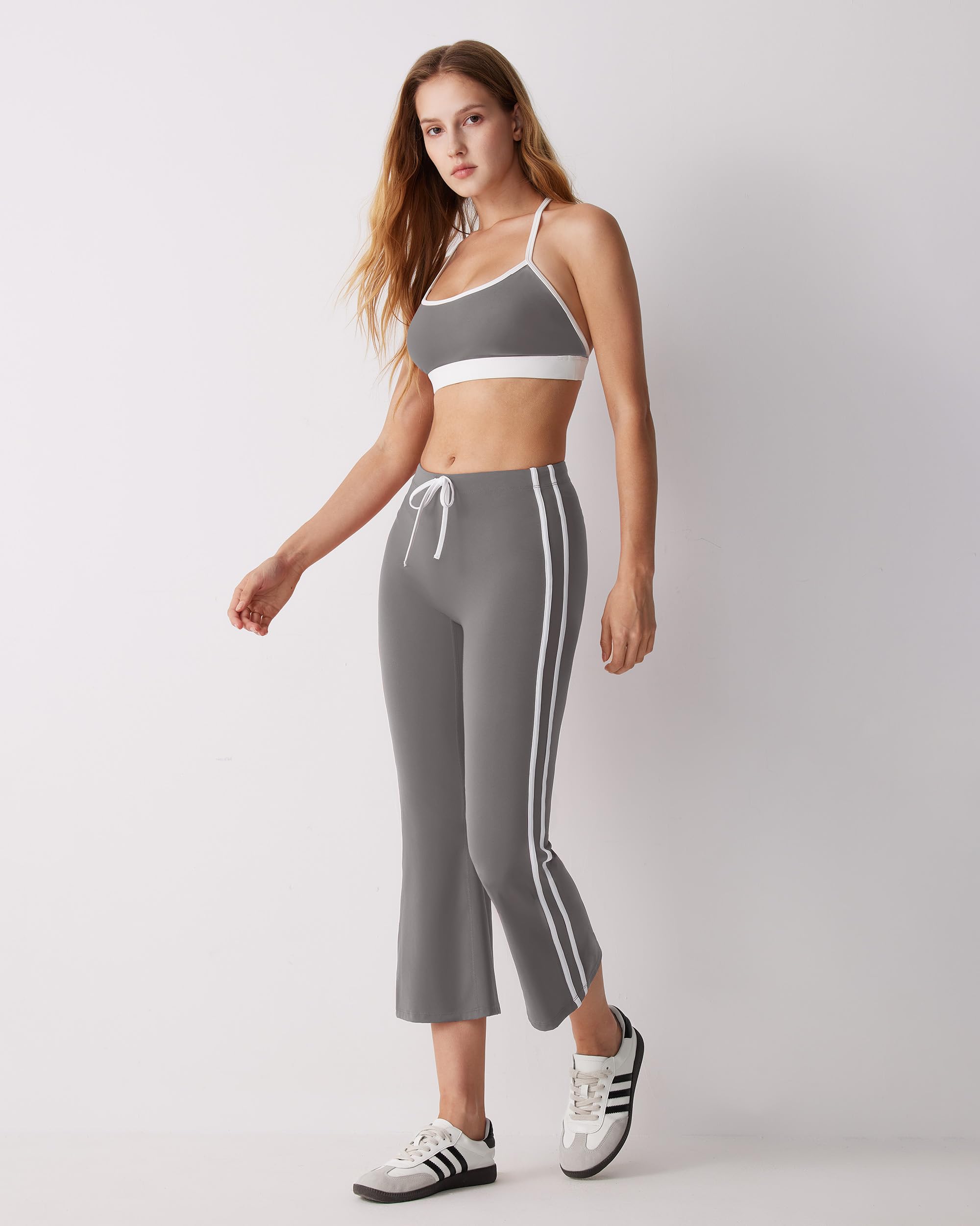 MOOSLOVER Women Flare Capri Yoga Pants High Waisted Side Stripe Drawstring Bootcut Flared Cropped Leggings