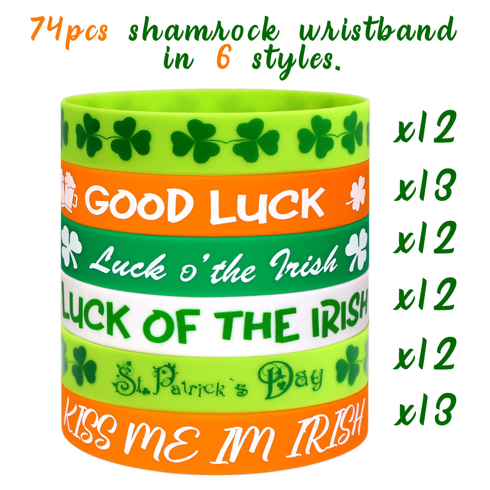 Moon Boat 74PCS St. Patrick's Day Shamrock Rubber Wristbands Bracelets - Party Favors Supplies Gifts Decorations