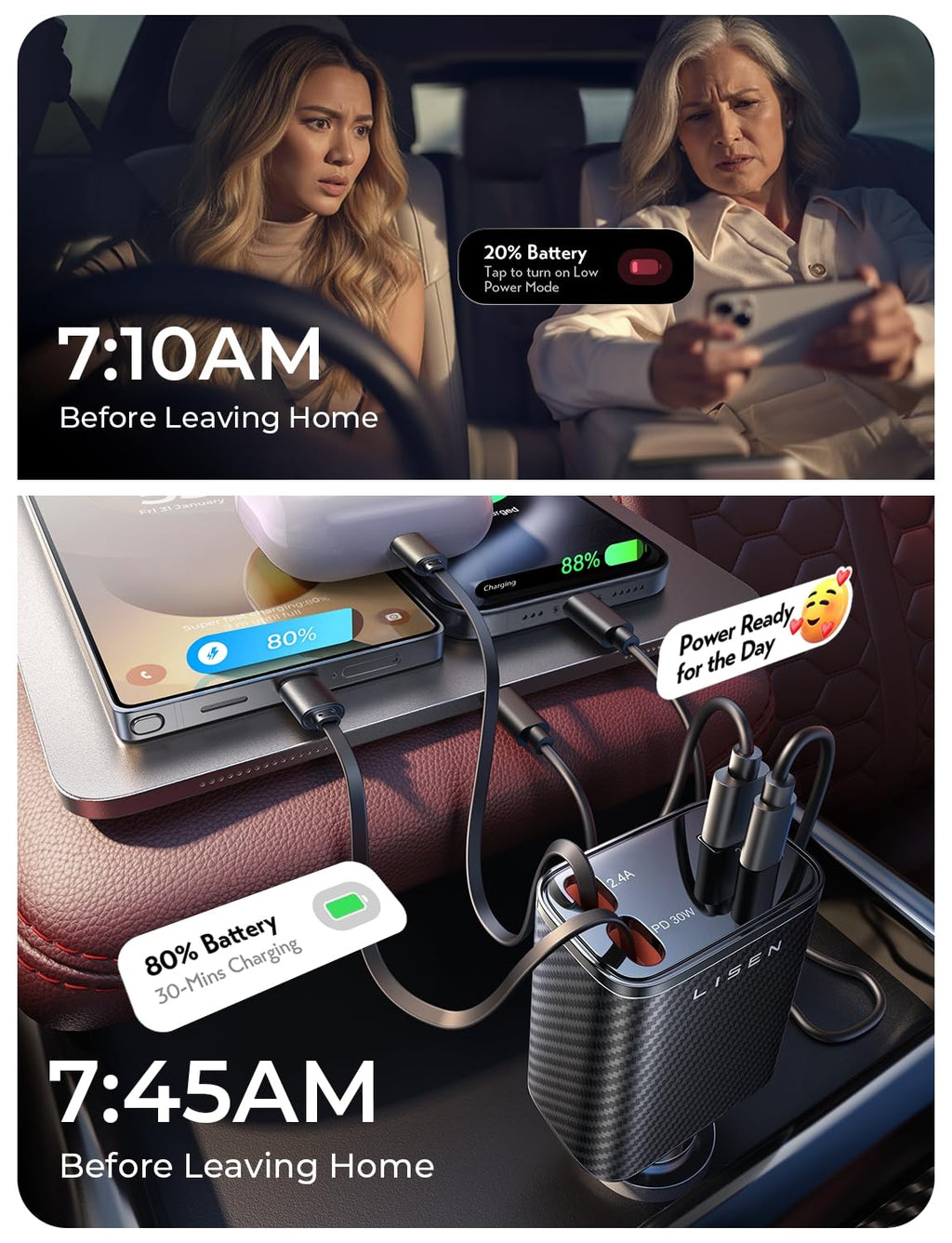 LISEN Retractable Car Charger, 84W Car Charger USB C Fast Charger Adapter for iPhone, Car Accessories for Men Women, Gifts for Fathers Day for Men Dad Husband, for iPhone 17 16 15 14 13 12 11 Samsung