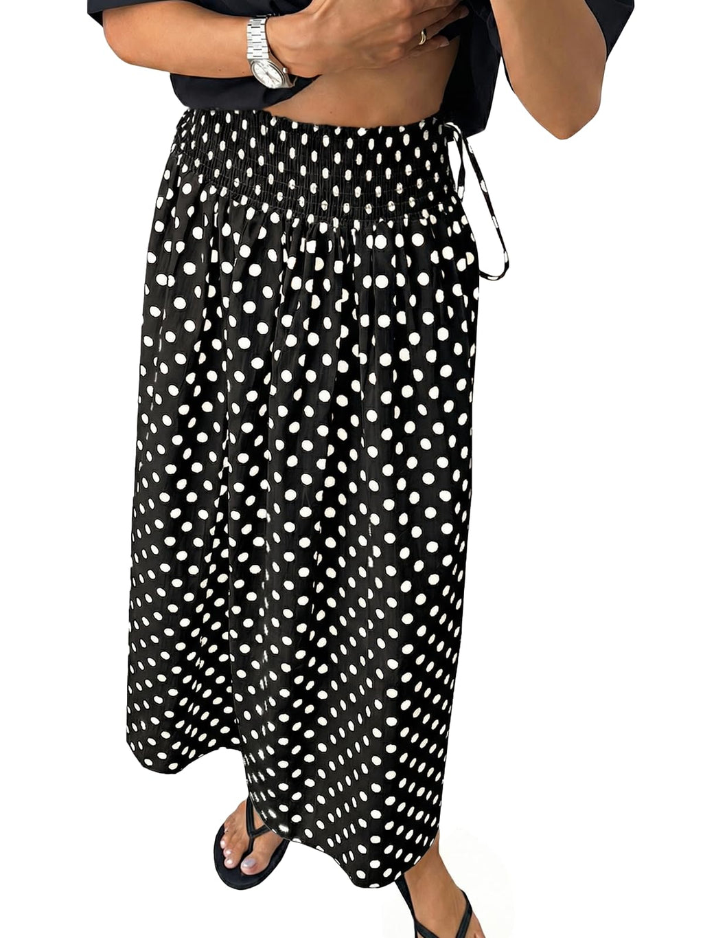 Tankaneo Womens Polka Dot Maxi Skirts Boho Smocked High Waisted Tie Skirt Casual Beach Vacation Dress