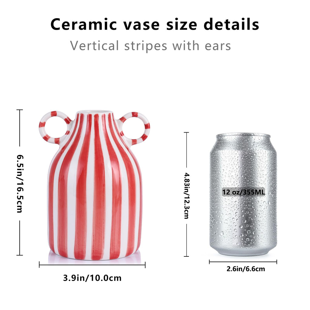 LCCCK Red and White Ceramic Vase, Mid Century Modern Striped Small Vases for Flower&Pampas Grass Centerpiece, Red White Checkered Vase for Dining Table Kitchen Tabletop Minimalist Decorative