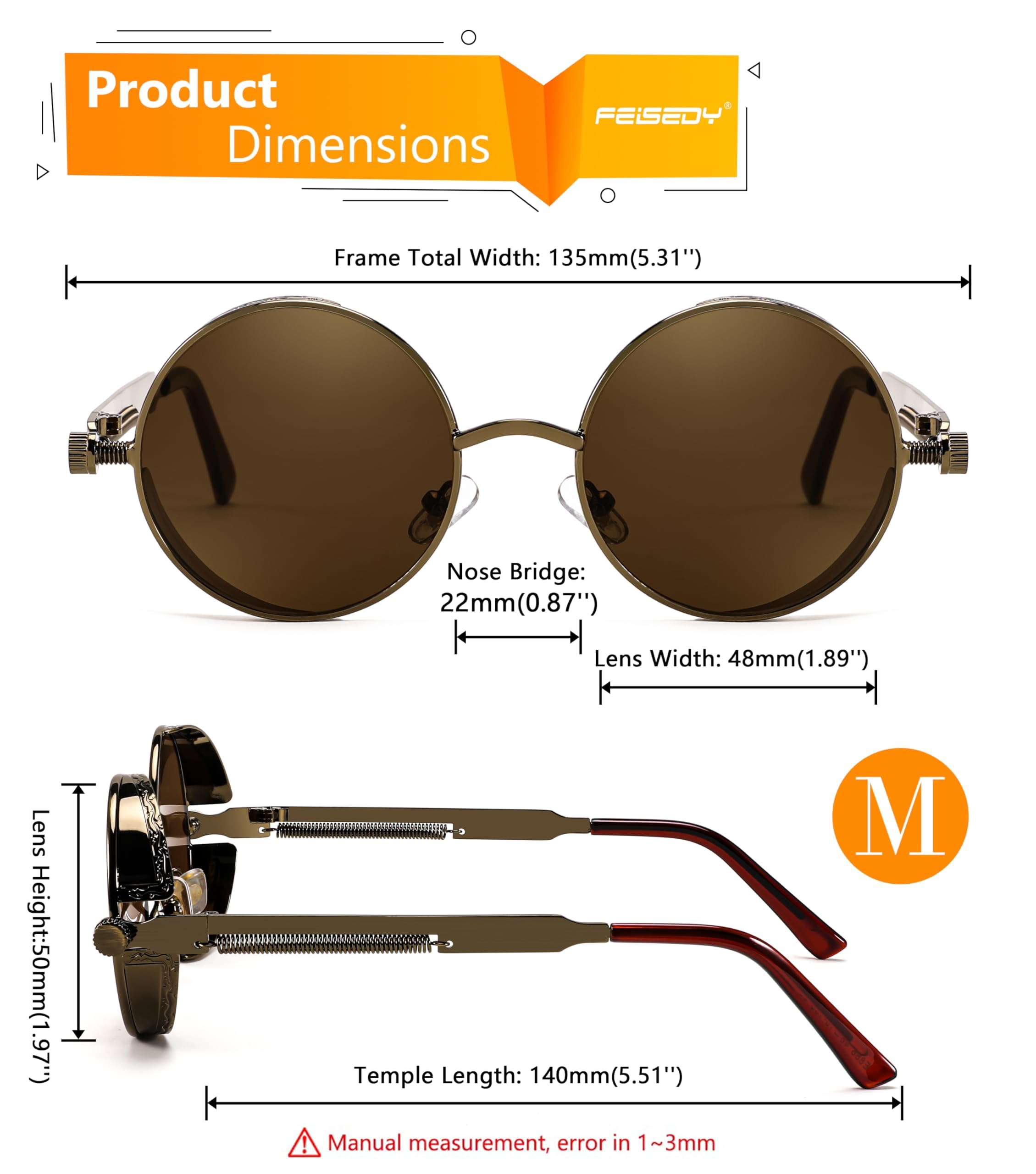FEISEDY Retro Gothic Steampunk Sunglasses Round Metal Frame Punk Circle Inspired Shade Men B1857