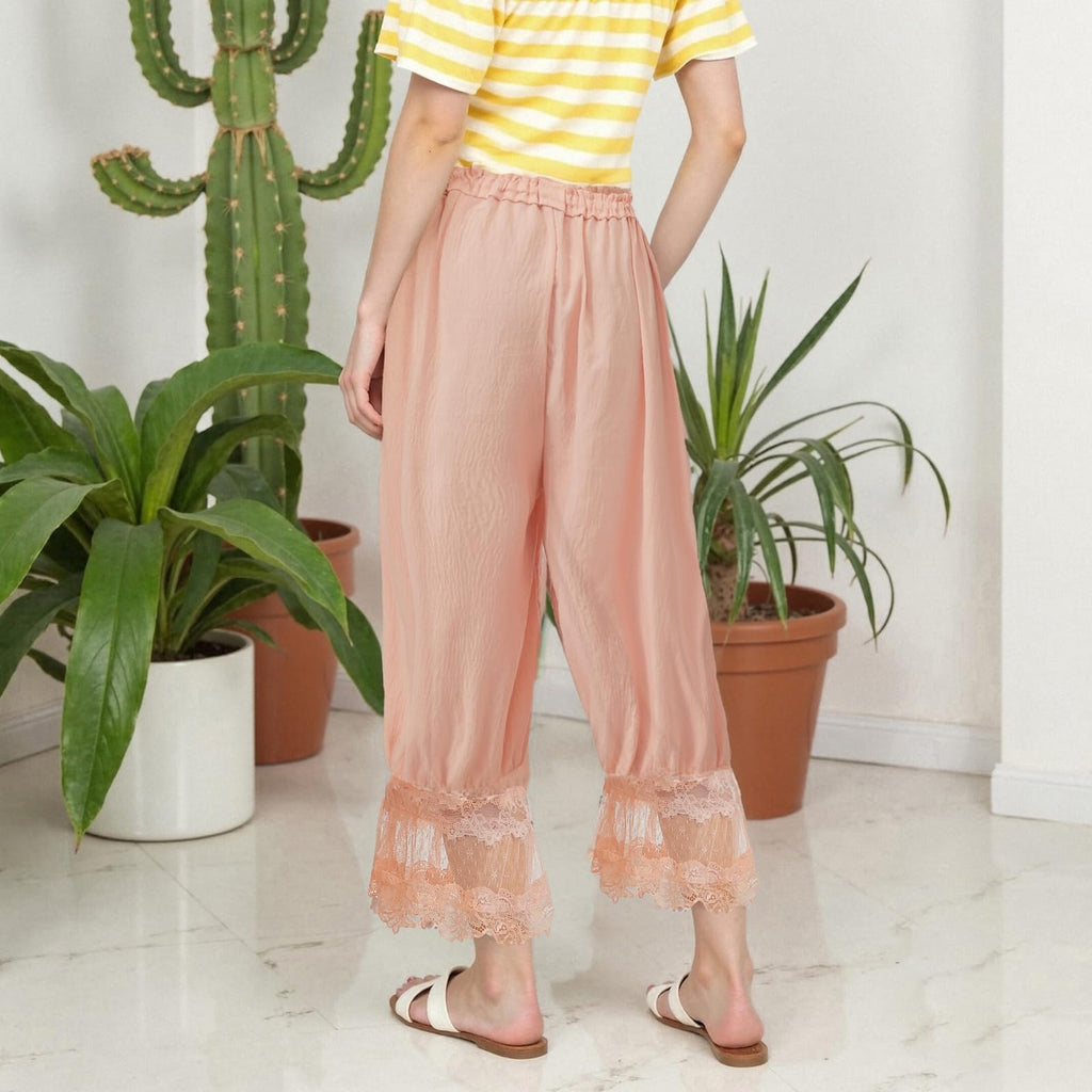 Women Lace Trim Long Bloomers Y2k Elastic Mid Rise Floral Ruffle Pantaloons Flared Slips Pants Pajama Bottoms